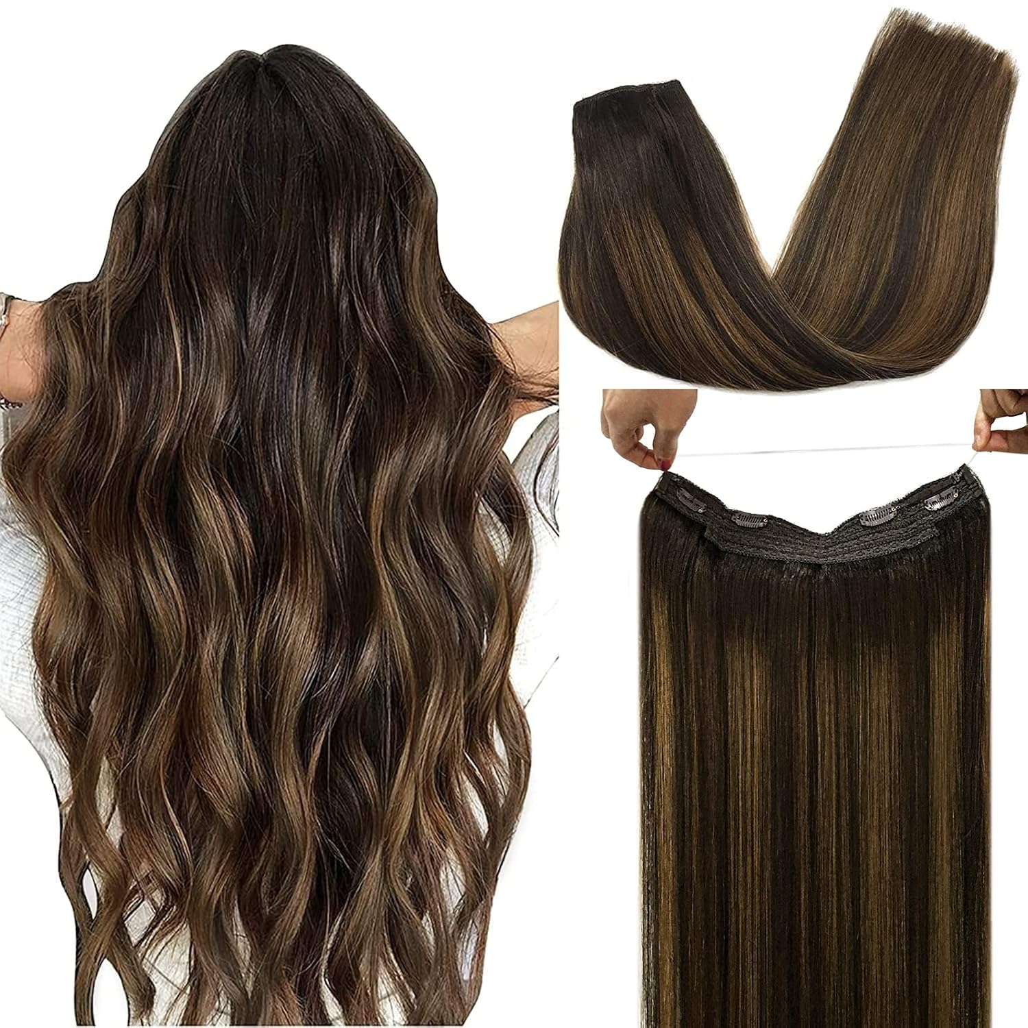 DOORES Hair Extensions Wire Hair Extensions Balayage Dark Brown to Chestnut Brown 20 Inch 110g Natural Hair Extensions Wire Hair Extensions with Invisible Fish Line Straight