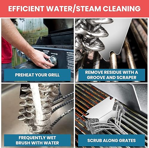 Miniatura 6 de Cepillo y raspador para parrilla de fuego, sin cerdas, raspador de acero inoxidable de alta calidad y cepillo de alambre triple hélice, mango