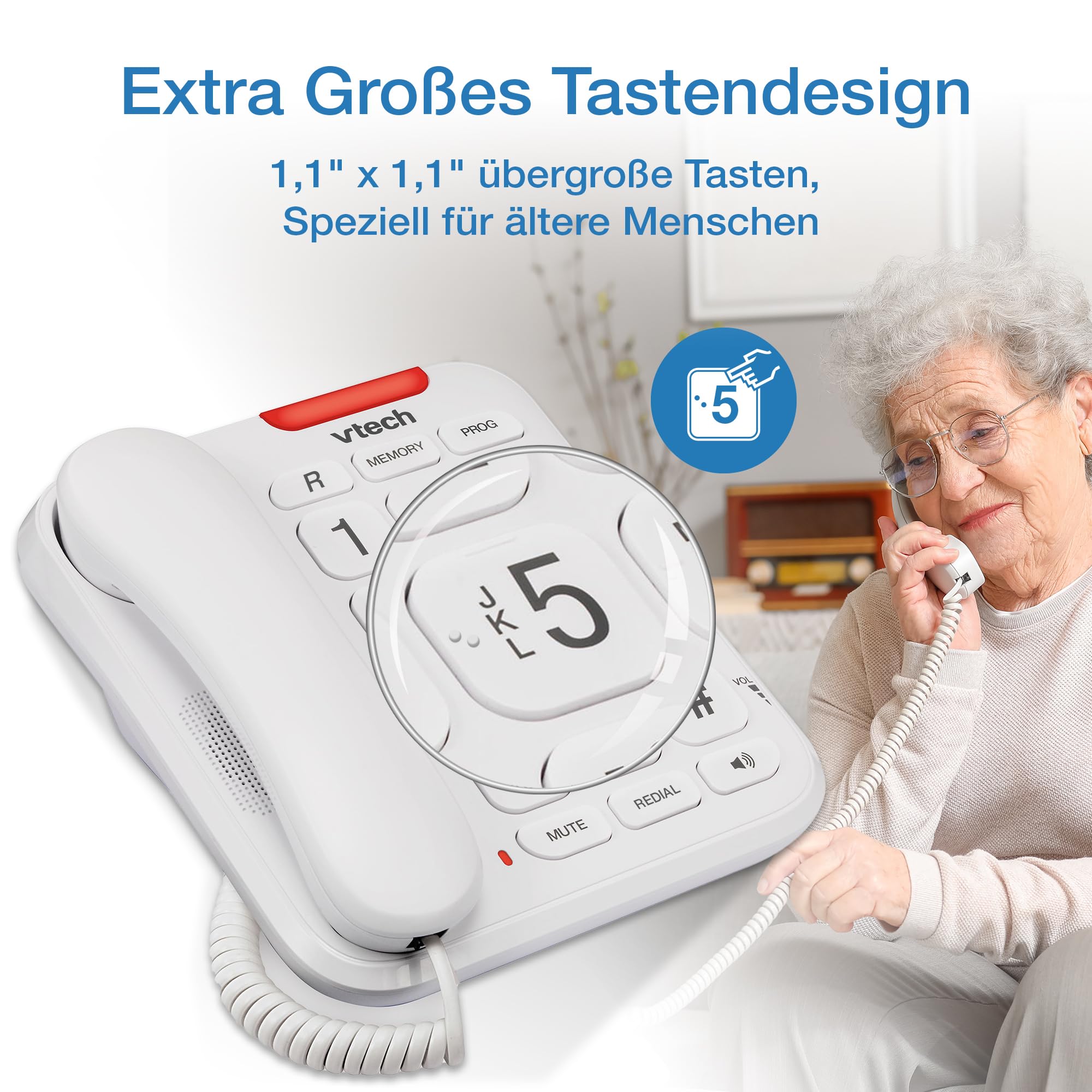 VTech CL1100 Téléphone Filaire Larges Touches pour Les séniors Con Cable Con dígitos parlantes y botón Grande, indicador Visual de Timbre, marcación rápida, altavoz