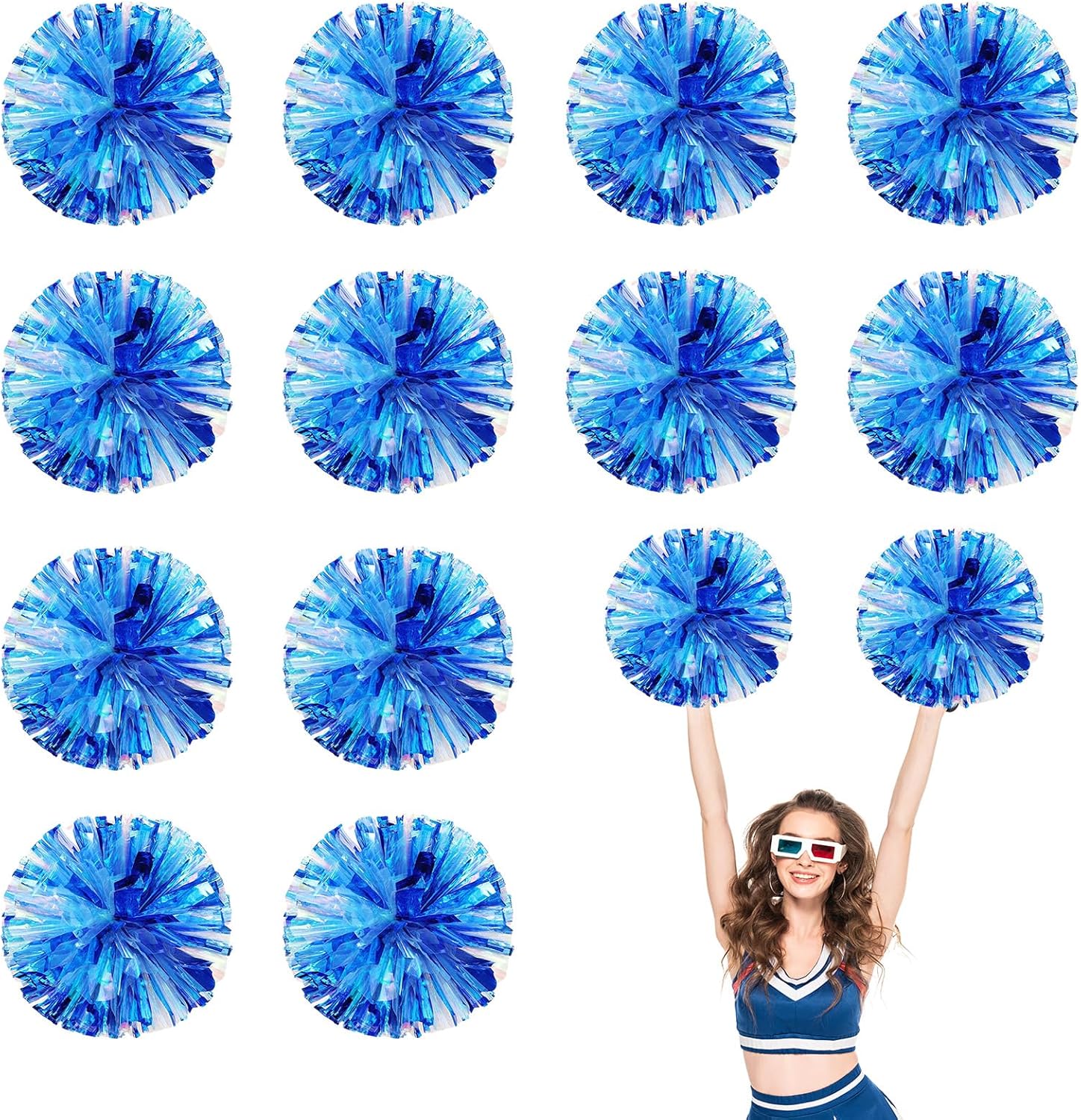 Cheerleader Pom Poms 12 Pack Sports Dance Cheering Plastic Metallic Cheerleading Pom Poms for Kids Adults-Ring Style (Colorful+Green)