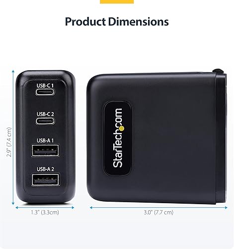 Miniatura 10 de StarTech.com Cargador de pared USB-C de 100 W, 2 USB C/2 USB-A, USB PD 3.0, cargador GaN portátil de carga rápida, adaptador de corriente para