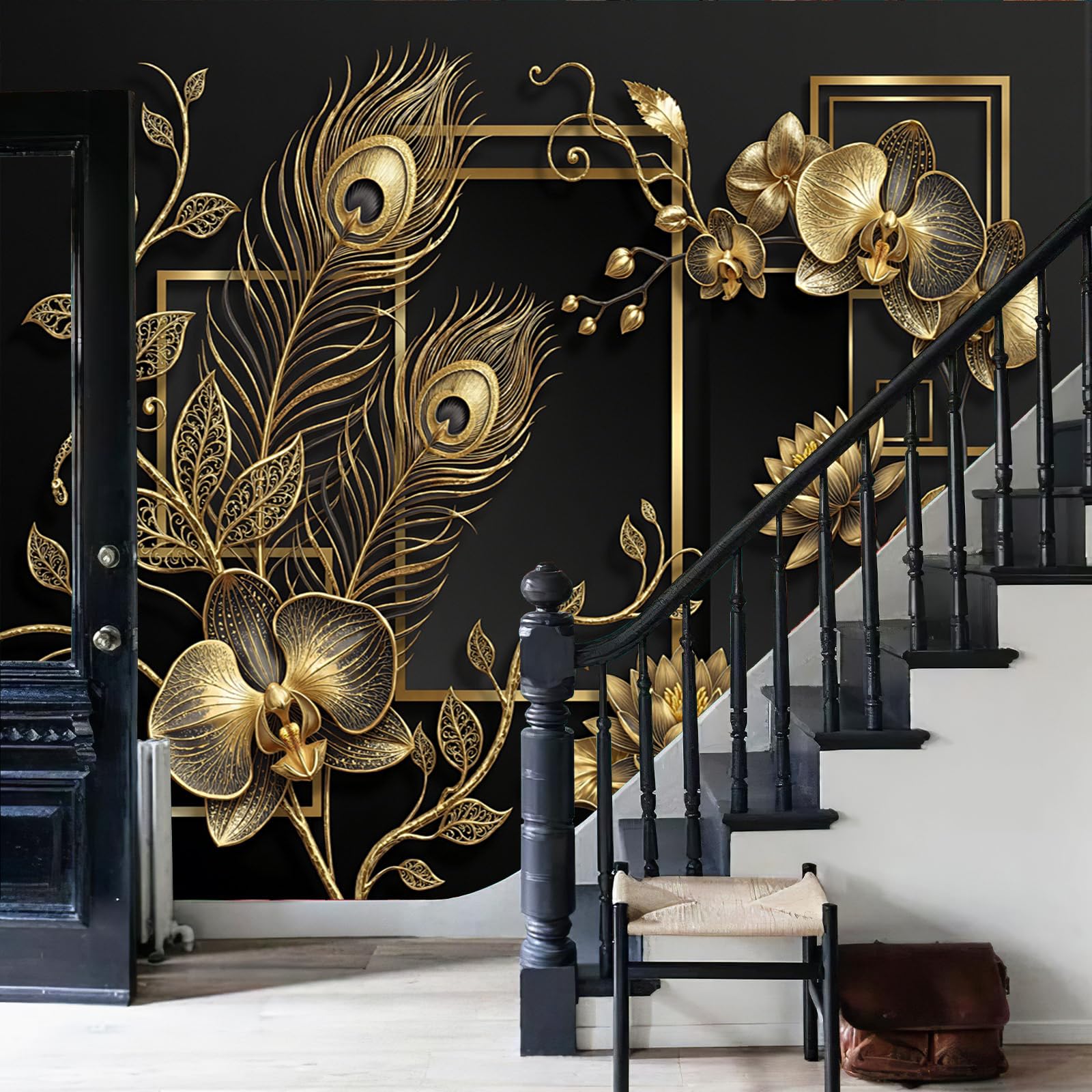 Papier peint 3D pour agrandir une pièce visuellement avec motif fleurs de lotus