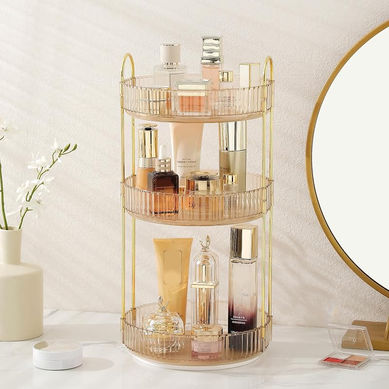Organizador giratório para cosméticos Aveniee, 3 compartimentos, acabamento polido, Amber Gold, AV-CDC-GOLD3