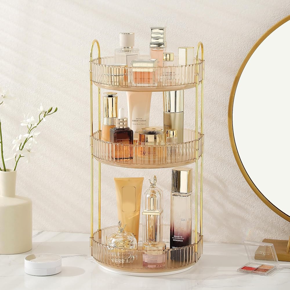 Aveniee Rotating Makeup Organizer for Vanity, 3 Tier Perfume Skincare Organizers and Storage for Bathroom Countertop, Clear Spinning Counter Shelf Cosmetic Holder for Dresser,Gold