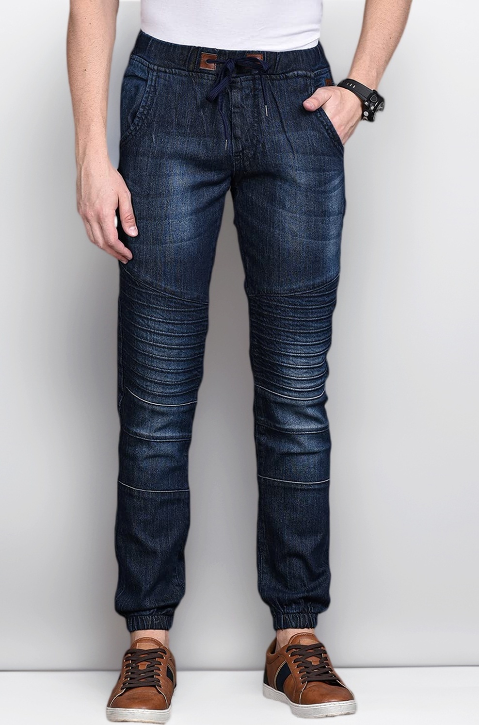 Men’s Classic Blue Dark-Washed Patterned Regular Fit Denim Jeans | Drawstring Mid-Rise Stretchable Cotton Denim Jeans Crafted with Comfort Fit and High Performance for Everyday Wear