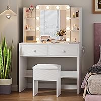 Haewon White Makeup Vanity Desk with LED Mirror Lights, Power Outlets, Drawers, Shelves & Stool - Compact Dressing Table for Bedroom