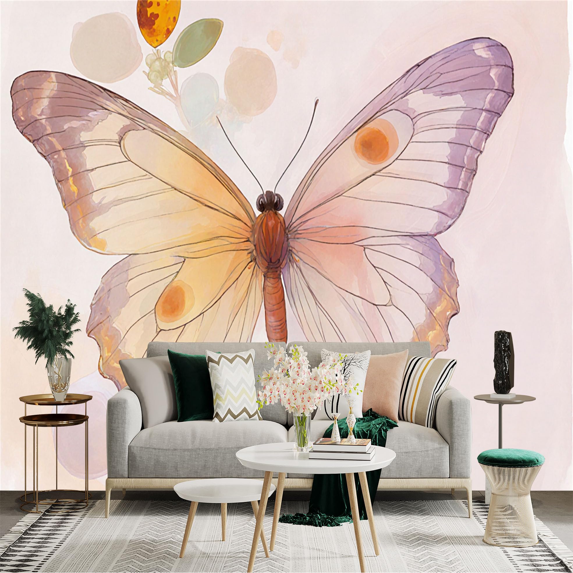 Custom Size Wall Sticker Mural， Elegant Watercolor Butterfly， Soft Pastel Botanical Art， Artistic Insect Wall Decor， for wall Decoration， peelandstick wall Decals.
