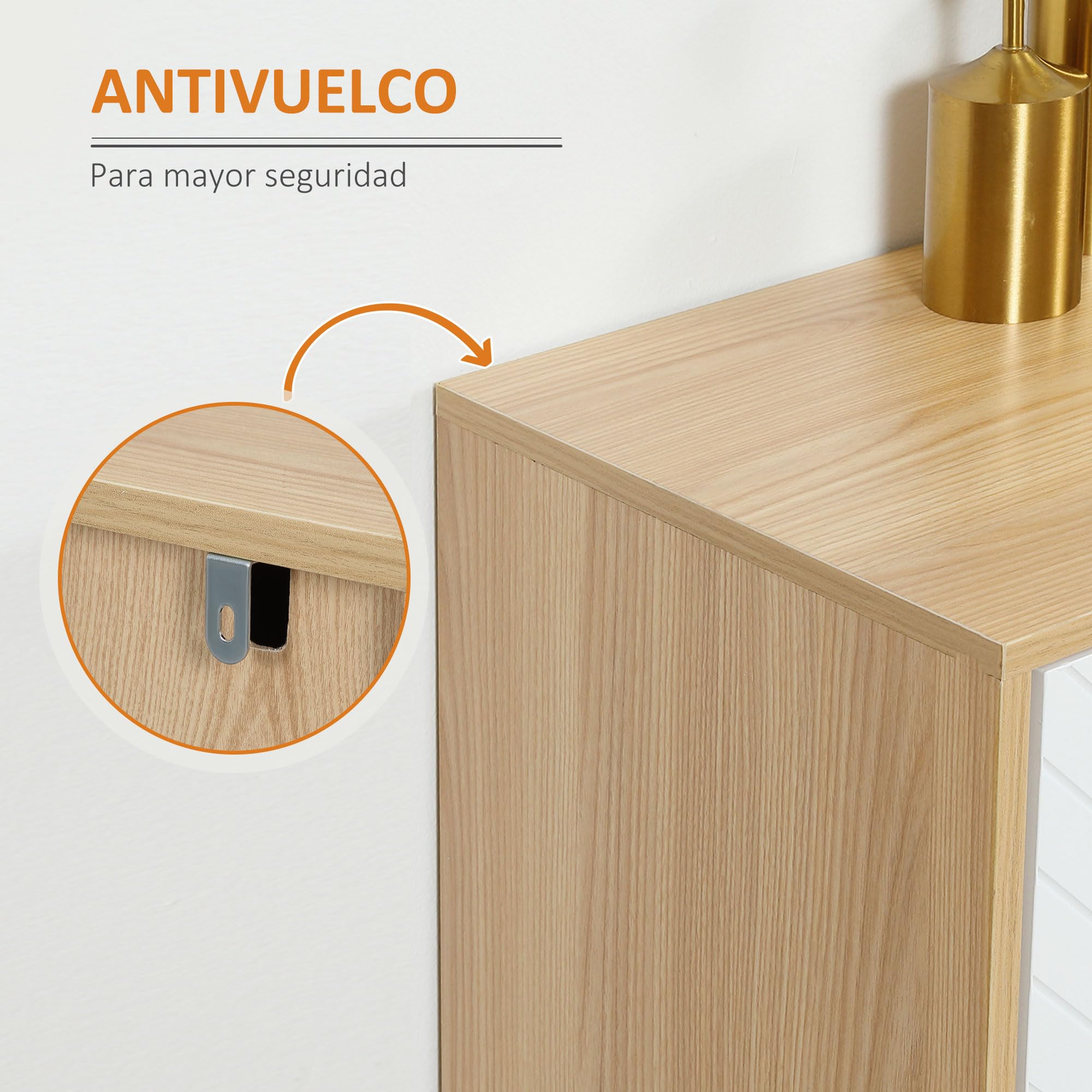 HOMCOM Aparador de 4 Puertas, Aparador de Salón con Estantes Ajustables, Patas de Madera, Puertas con Patrón de Espiga, para Cocina, Entrada, Dormitorio, Blanco y Natural, 120x35x77,4 cm