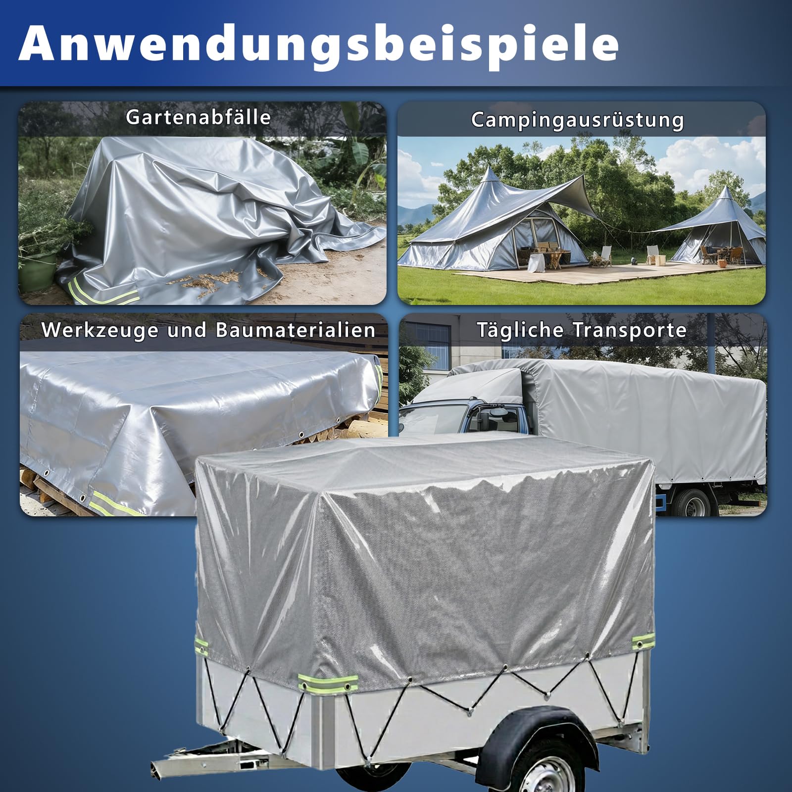 Anhängerplane 210x114x90 cm - Extra Stark 500g/m² PVC LKW-Plane - Wasserdicht & Reißfest - Grau - Mit 4X Reflektorstreifen, Alu-Ösen & 6mm Expanderseil - Profi Abdeckplane für PKW Anhänger