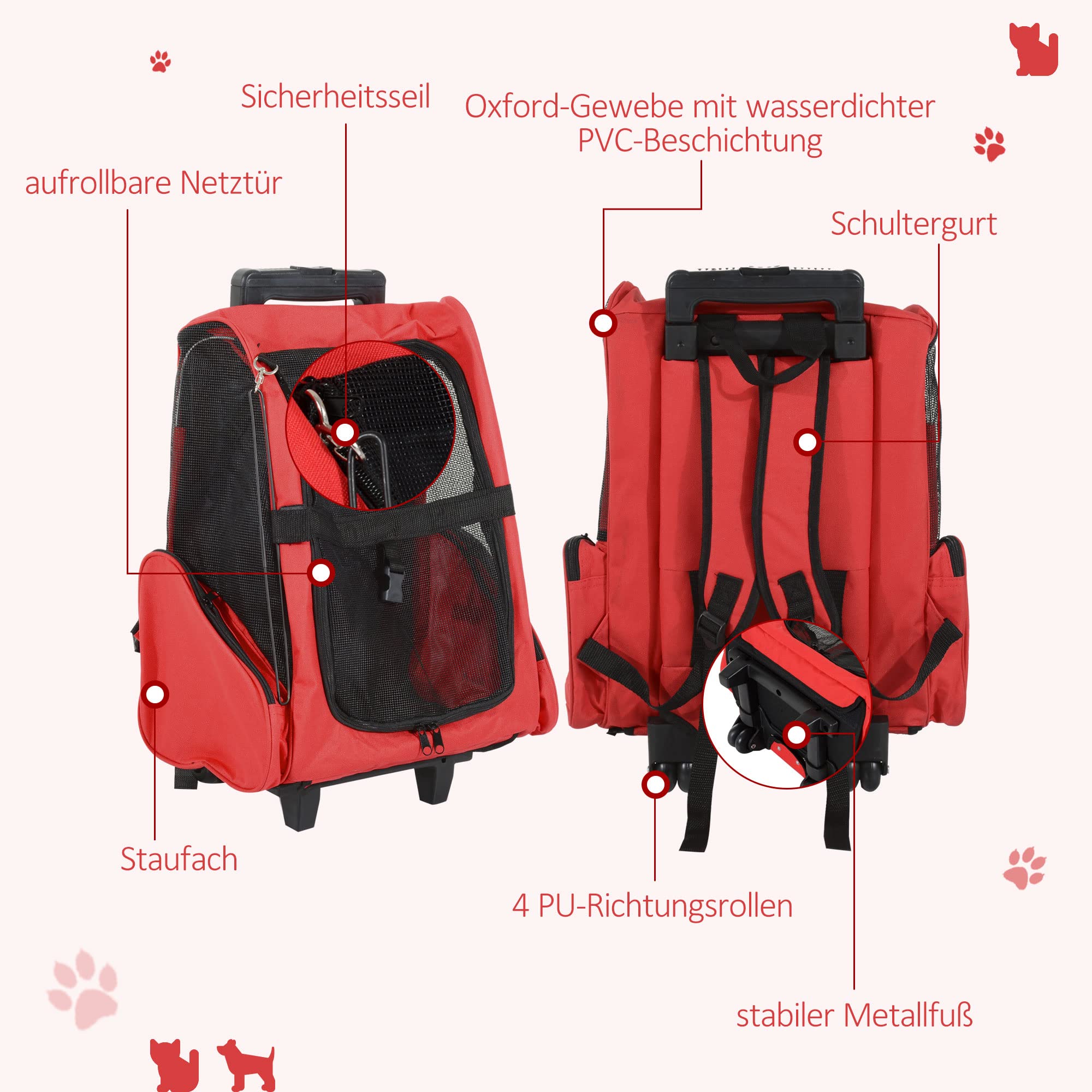 PawHut Hundetrolley Transporttasche Tragetasche für Tiere 2in1 Rucksack und Trolley 35x27x49 cm rot