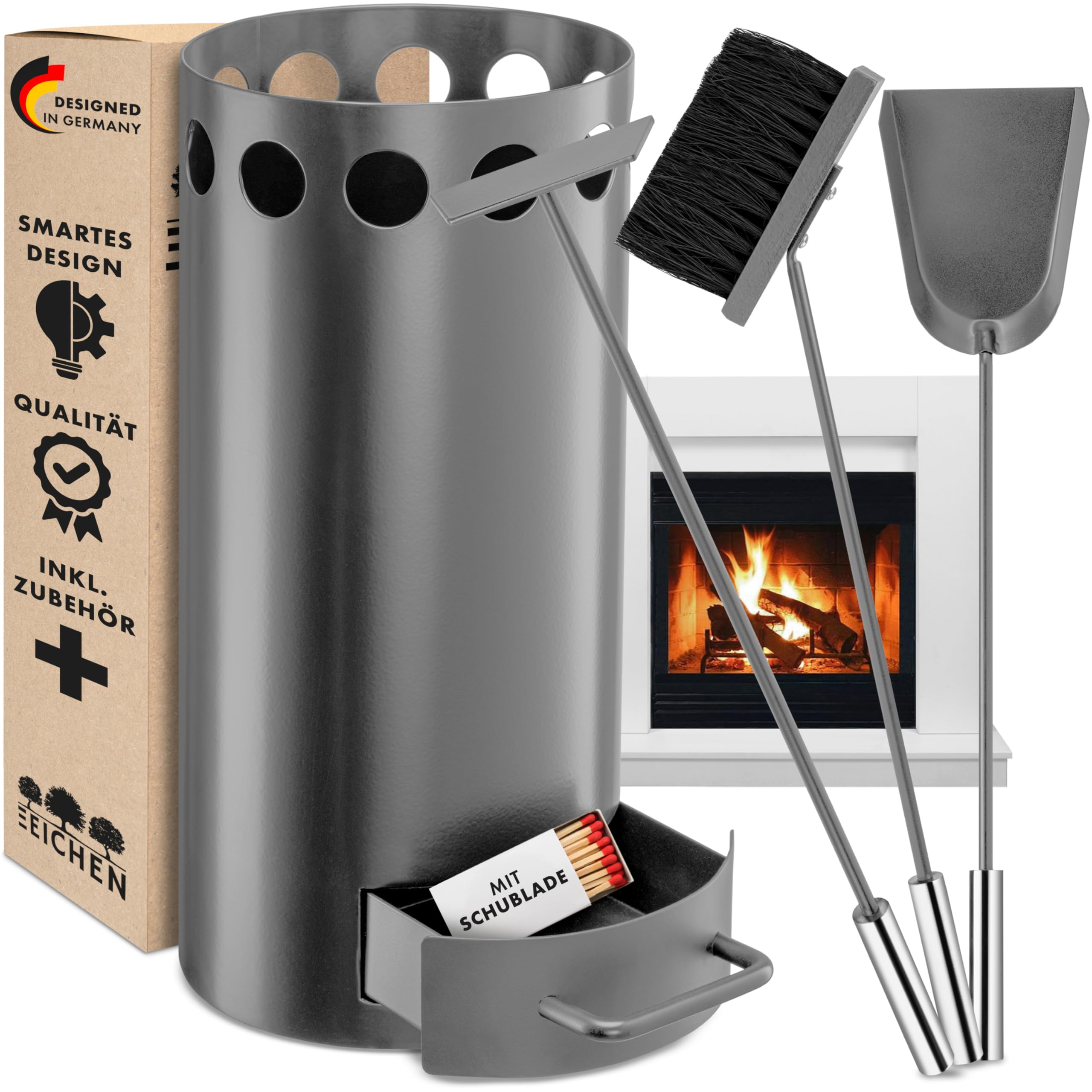 Kaminbesteck grau mit Schublade. 3-teilige Kamingarnitur mit Schürhaken, Ascheschaufel und Kaminbesen. Modernes Design. Ofenbesteck inkl. Ofen Zubehör. Kaminofen Zubehör. Kamin | Drei Eichen