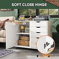 Vista 4 de DEVAISE Cómoda de madera de 5 cajones con puerta, gabinete de almacenamiento móvil, soporte de impresora para oficina en casa Blanco