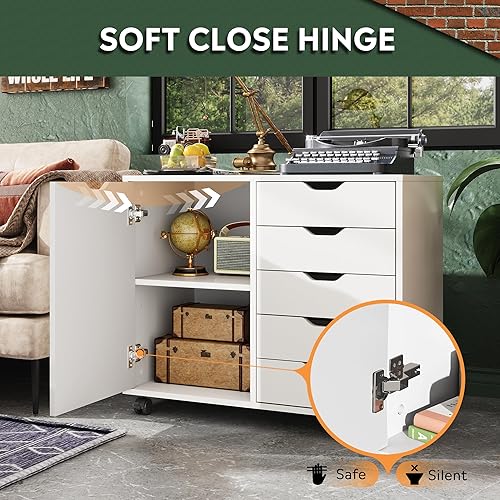 Miniatura 4 de DEVAISE Cómoda de madera de 5 cajones con puerta, gabinete de almacenamiento móvil, soporte de impresora para oficina en casa Blanco,Ébano