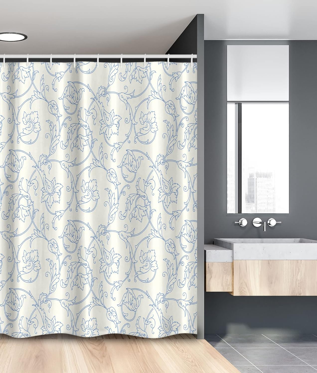 Ambesonne Floral Stall Shower Curtain, Flower Orchids Bohemian Style Vintage Petals Vines Pattern French Country Style, Fabric Bathroom Decor Set with Hooks, 54" W x 78" L, Cream and Blue