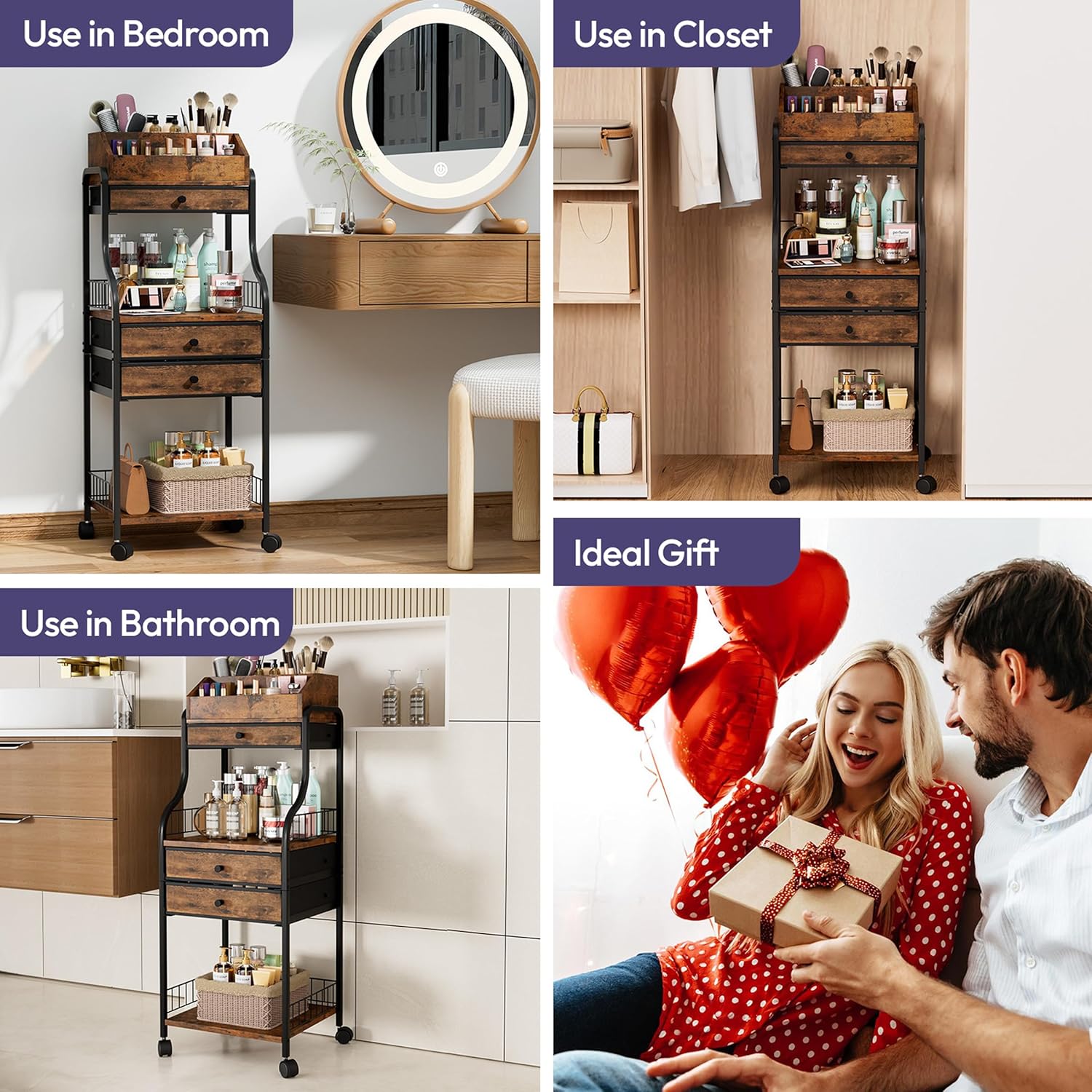 SWTYMIKI Rolling Makeup Organizer Cart - Floor Skincare Storage with Non-woven Drawers, Vanity Organizer Cosmetic Display Cases with Wheels, Cabinet for Skin Care Perfume Nail Polish Brush Hair Tool