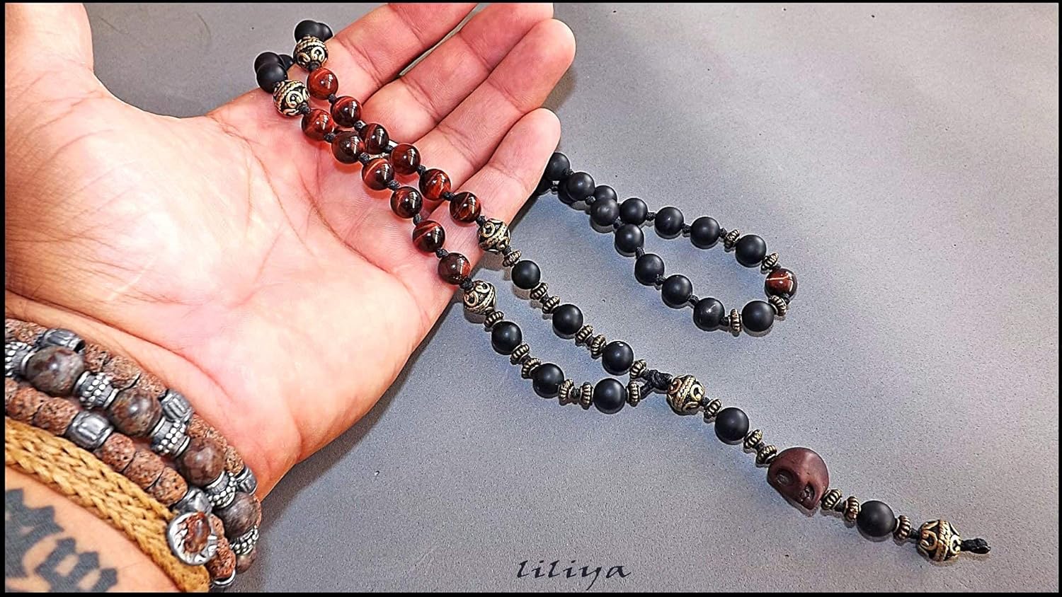 Liliya Jewelry Men’s Red Tiger Eye & Onyx Necklace - 26 Inch Long Gemstone Mala - Jasper Skull Bead - Tribal Boho Surfer Style - Motivation & Protection Gift