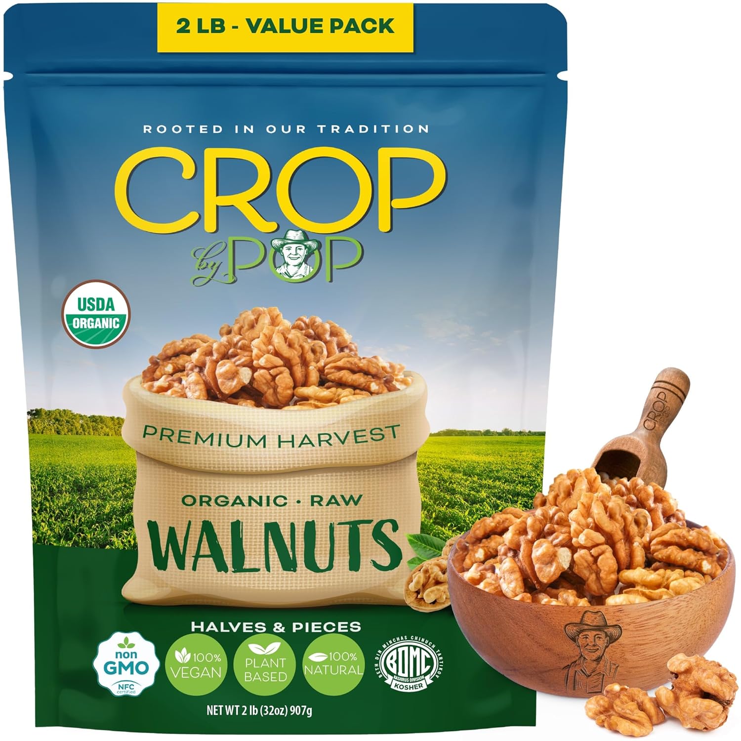 CROP BY POP Organic Raw Walnuts Halves & Pieces, (32 Oz