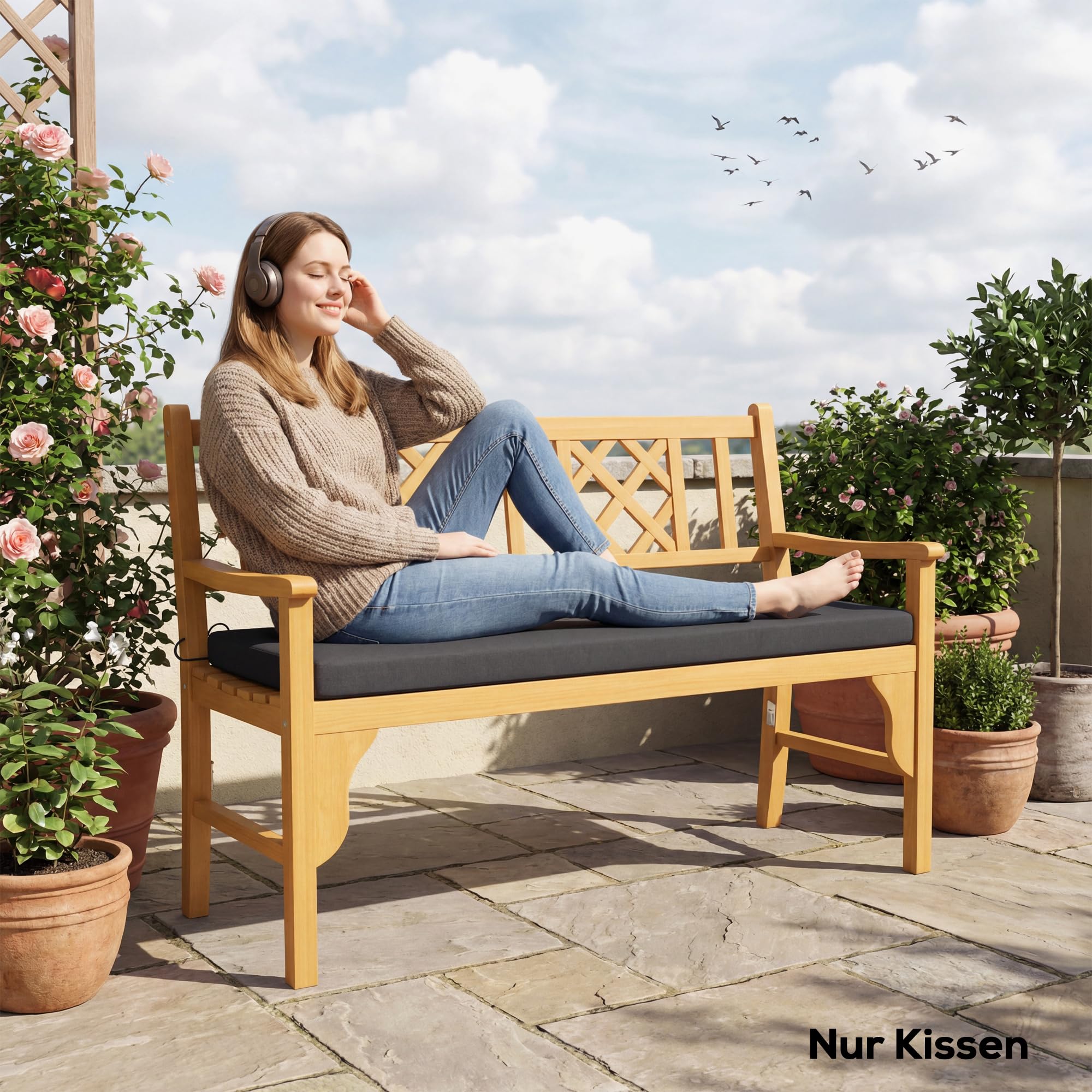 Outsunny Cuscino per panca, 110 x 46 x 6,5 cm, con nastri, per esterni, impermeabile, UPF30+, cuscino per panca, cuscino per mobili da giardino, panca, grigio scuro