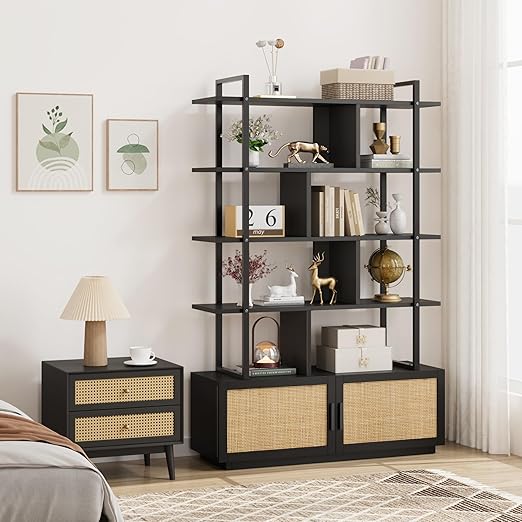 IDEALHOUSE 5 Tier Rattan Bookshelf with Storage Cabinet & Door, 71.1 Inch Tall Industrial Book Shelf with Open Display Shelves, 5 Shelf Bookcase with Metal Frame for Living Room, Bedroom -Black