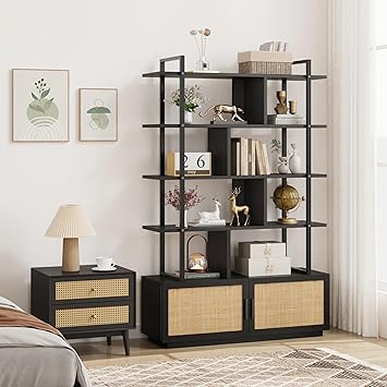 IDEALHOUSE 5 Tier Rattan Bookshelf with Storage Cabinet & Door, 71.1 Inch Tall Industrial Book Shelf with Open Display Shelves, 5 Shelf Bookcase with Metal Frame for Living Room, Bedroom -Black