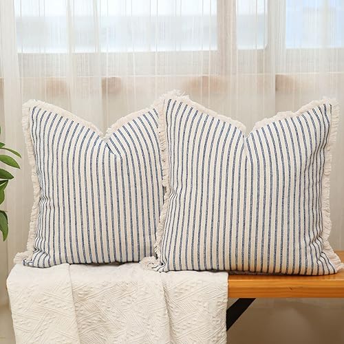 Miniatura 9 de Hckot Juego de 2 fundas de almohada de 24 x 24 pulgadas, a rayas con flecos, de algodón, decorativas, cuadradas, para sofá, cama, sala de estar,