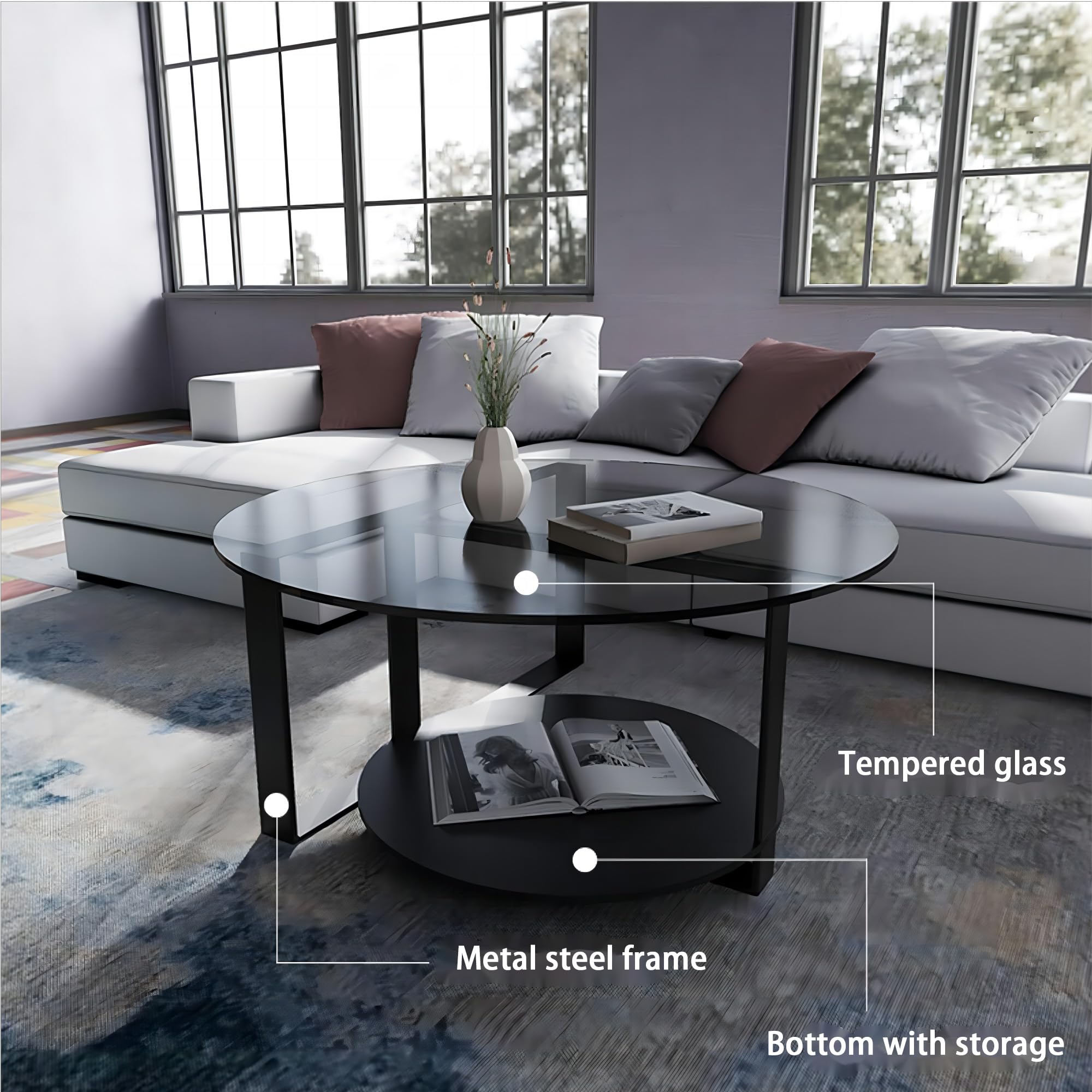 Andazododc Runder schwarzer Couchtisch mit Glasplatte, 60 cm Durchmesser, 2 Ebenen, 45 cm Höhe, Bartische für Wohnzimmer, einfacher und moderner Mitteltisch für kleine Räume (schwarz) Küche, Haushalt & Wohnen