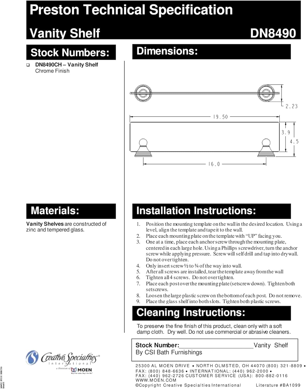 Moen DN8490CH Preston Collection 19.5-Inch Wide x 4-Inch Deep Decorative Glass Bathroom Vanity Shelf, Chrome - Touch On Bathroom Sink Faucets - 