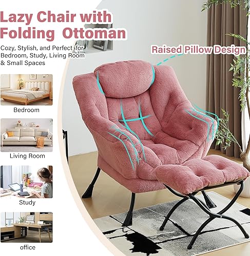 Miniatura 7 de Silla Lazy con otomana, silla moderna con reposapiés plegable, silla de acento de salón, cómoda silla de lectura (rosa oscuro de felpa)
