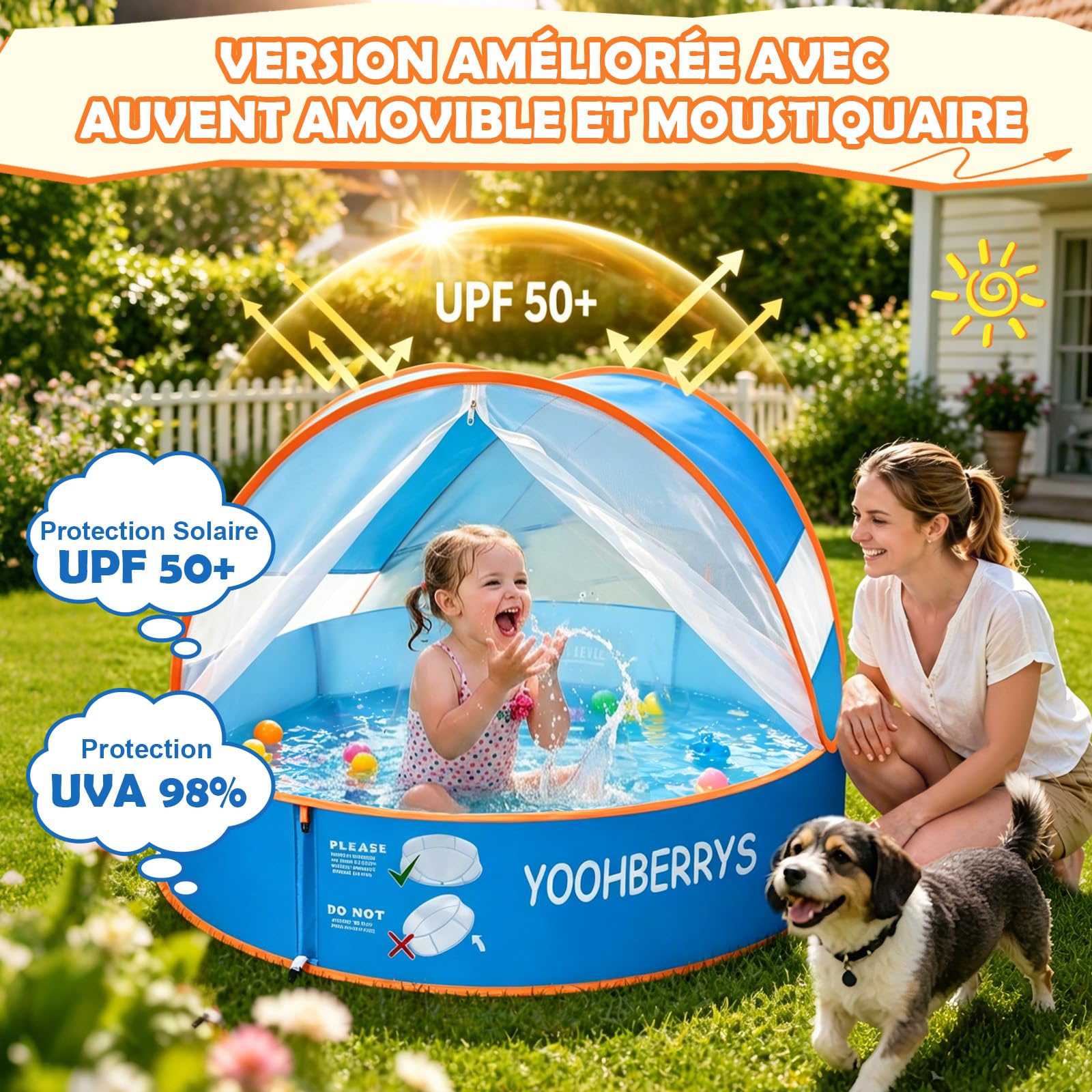 YOOHBERRYS Piscine Bebe avec Pare Soleil 4 en 1, Tente Anti UV Bébé FPS 50+, Tente de Plage Bebe avec Moustiquaire, Pop-Up Piscine de Plage, Petite Piscine Bebe pour Pique-Nique Jardin Plage