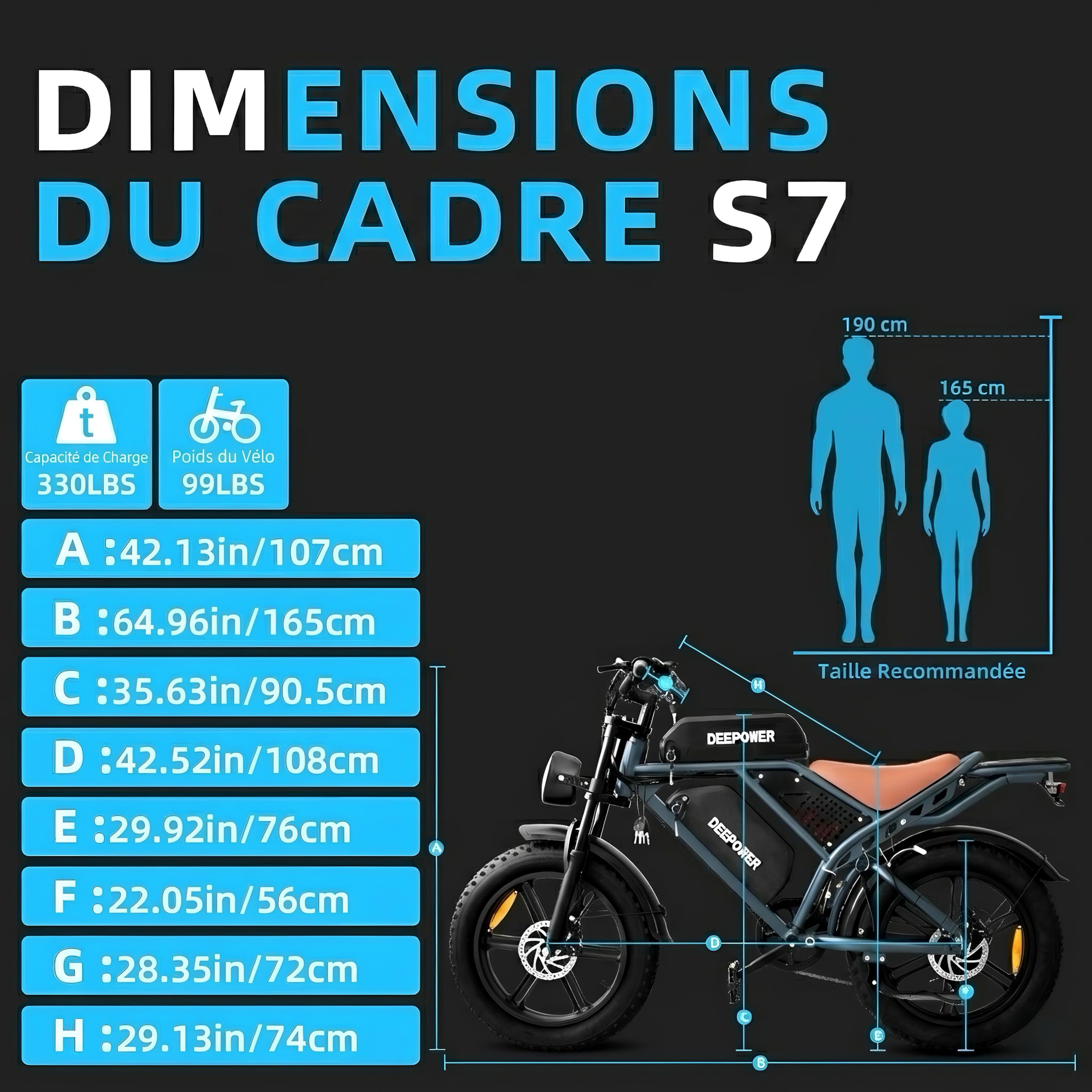 DEEPOWER QS7 Vélo Électrique, Batterie Amovible 48V 60Ah/35Ah/20Ah, Autonomie 110-250KM, Moteur 120 N·m, Pneu Gras 20'' X 4.0, 7 Vitesses, Suspension Hydraulique Complète
