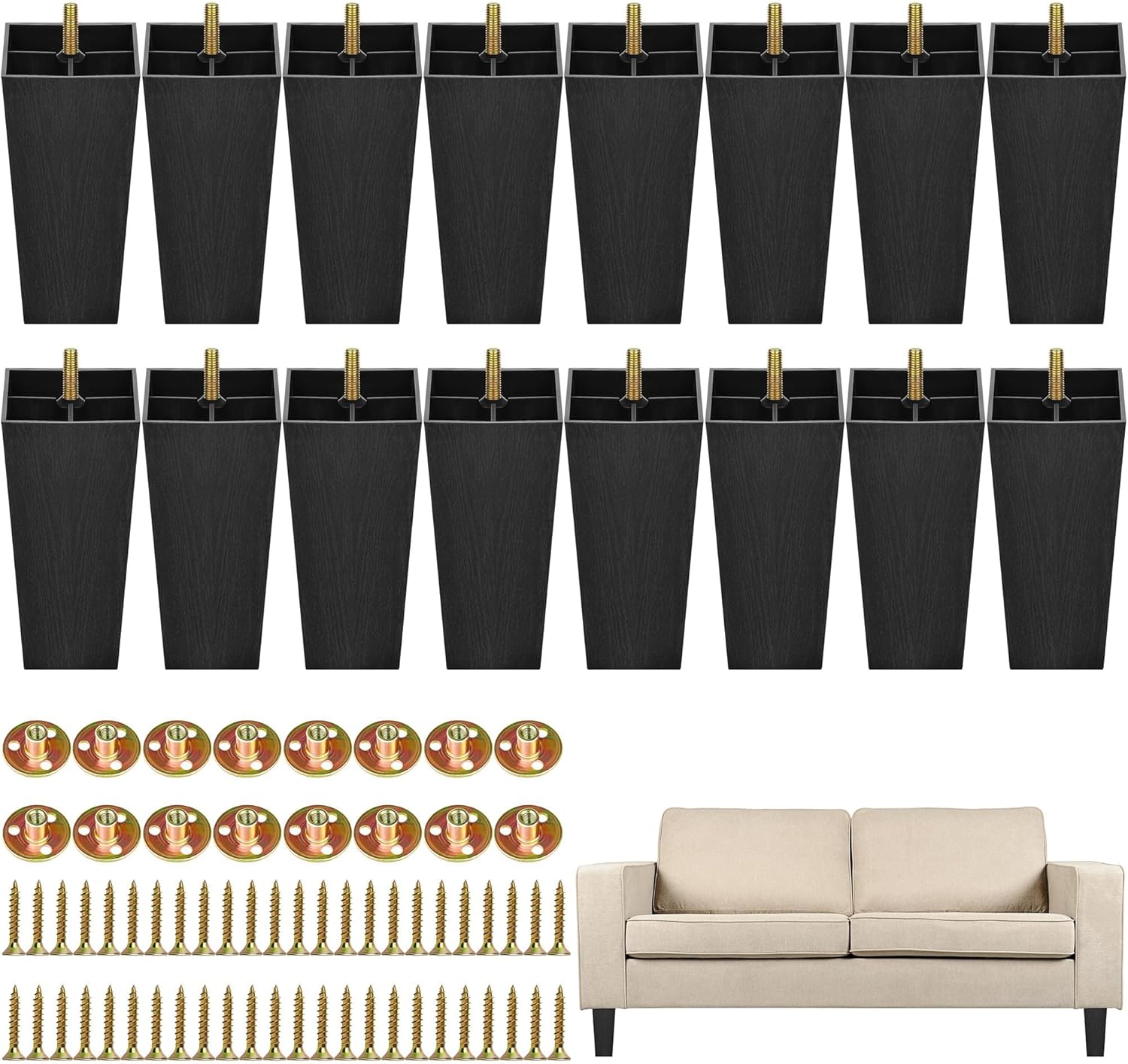 TURSTIN Furniture Legs Plastic Sofa Couch Legs Square Tapered Feet Sofa Legs with M8 T-Nuts Screws for Legs Sofas Chairs Cabinets Dressers Beds, Black (16, 8 Inches) 8 Inches 16