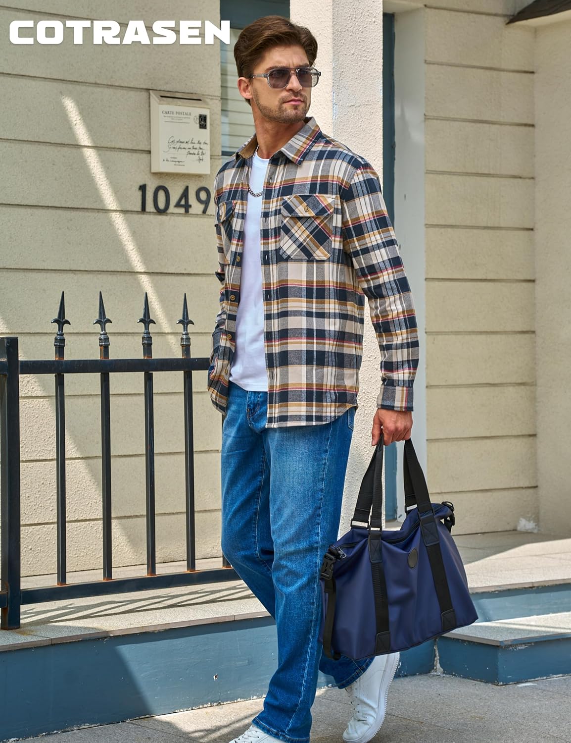 Cotrasen Mens Flannel Shirts Cotton Long Sleeve Plaid Shirts Button Down Casual Lightweight Shirts with 2 Pockets - Image 6