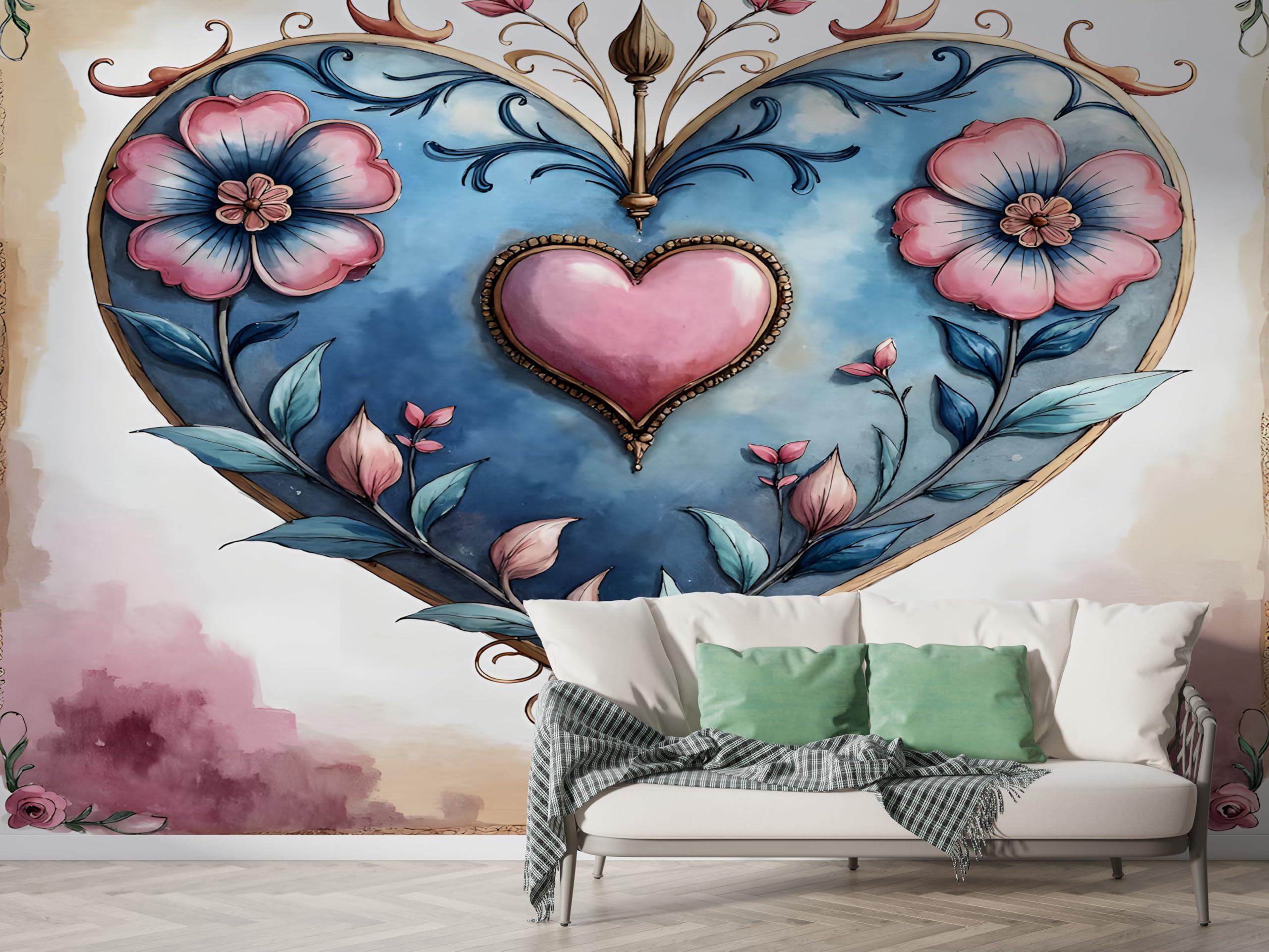 Papier peint panoramique cœur floral 3D aquarelle géométrique intissé pour salon