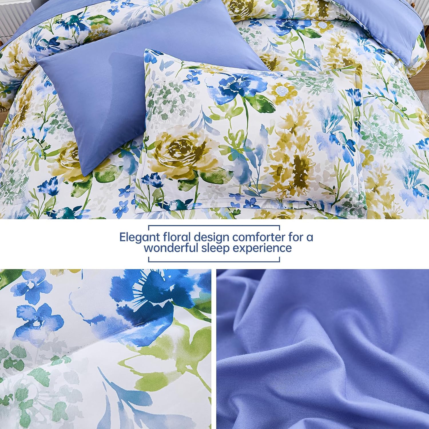 Luxudecor Floral Comforter Set Queen Size 7 Pieces Bed in a Bag, Blue Flower Watercolor Bed Set, Soft Comforter with Sheet Set 90"x90" - Image 6