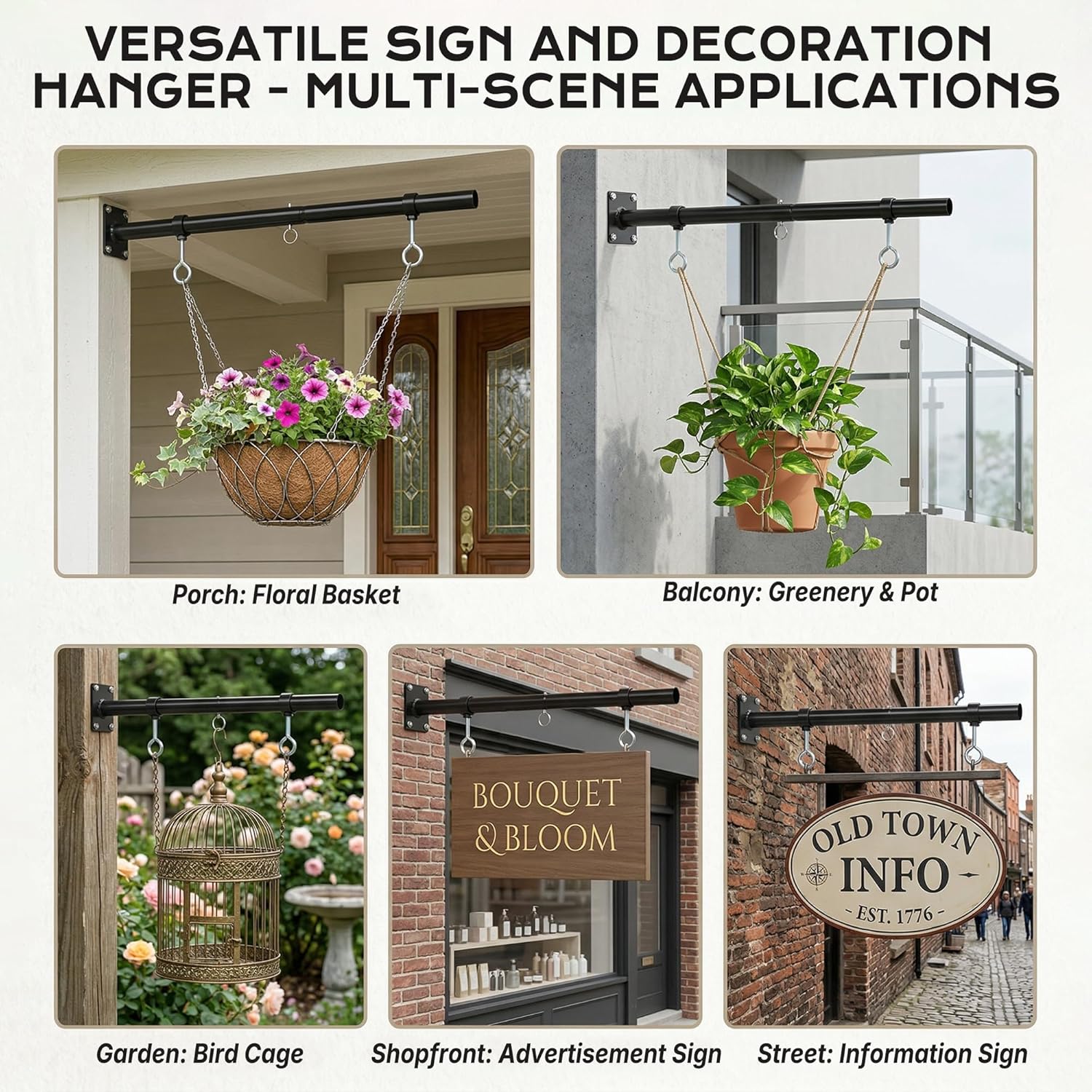 Heavy Duty Hanging Sign Brackets Outside 24" Hanging Sign Holder with 2 Adjustable Rings, Powder Coated Metal Outdoor Sign Holder for Street, House, Porch, Garden