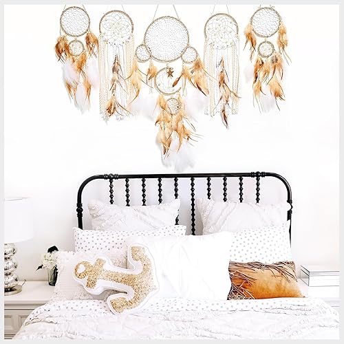 Miniatura 6 de Paquete de 5 atrapasueños, diseño de sol y luna, grande, hecho a mano, bohemio, para colgar en la pared, con plumas decorativas para niños y niñas,