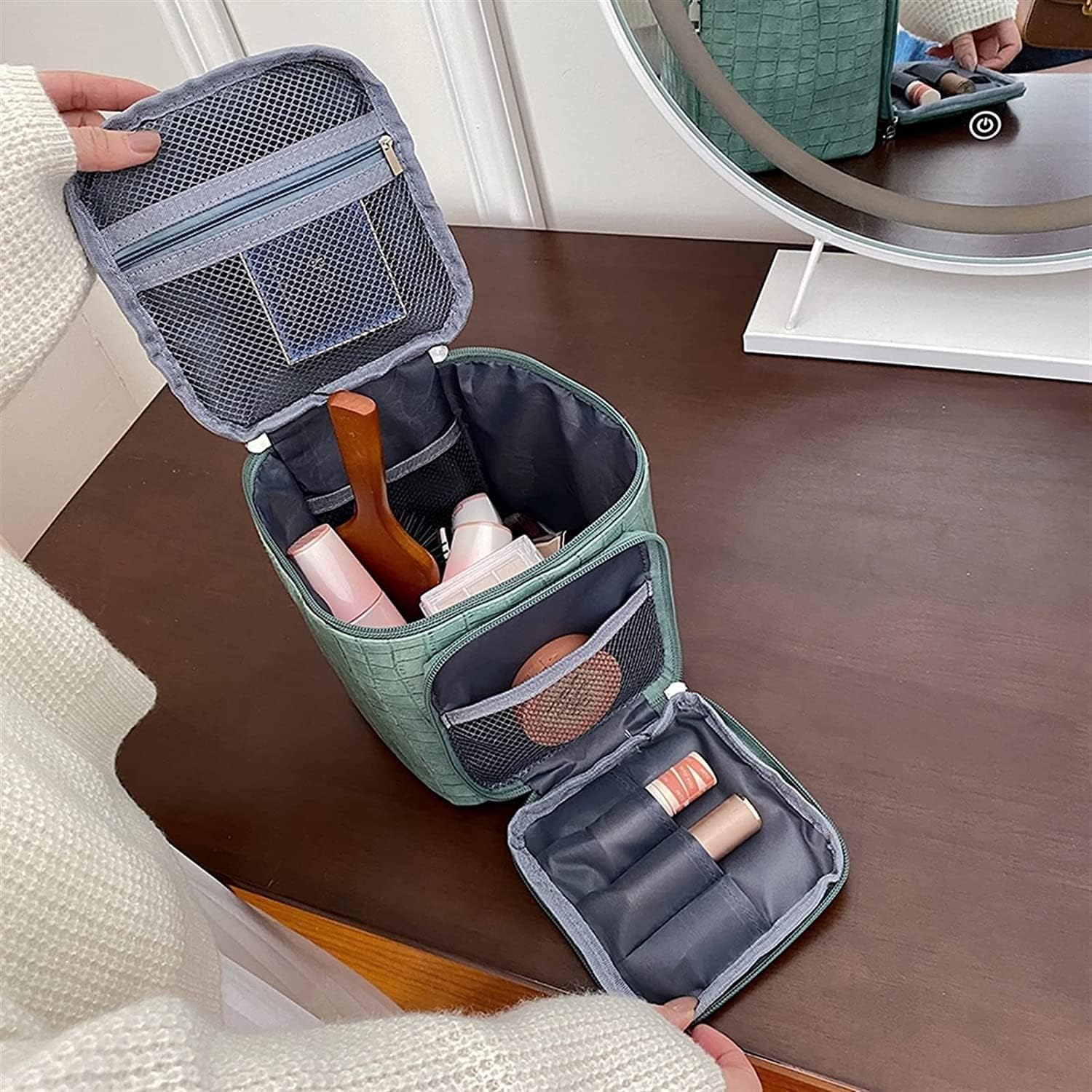 Makeup Train Case - Makeup Organizer Box Trays Portable Storage Box PU Leather Professional Cosmetic Train Cases Artist Storage Bag (Color : Green) (Yellow)