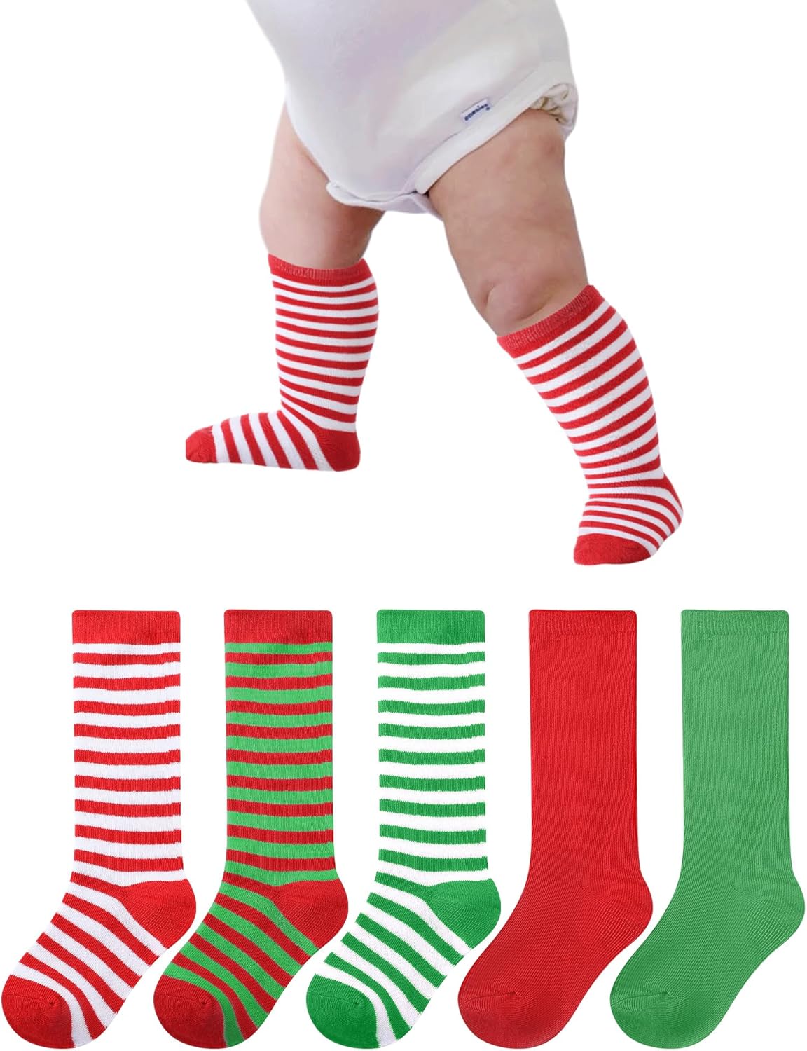 Foaincore 5 Pair Baby Christmas Knee High Socks Cotton Long Striped Tube Socks for Toddler Baby Boys Girls Christmas Wear Foaincore 5 Pair Baby Christmas Knee High Socks Cotton Long Striped Tube Socks for Toddler Baby Boys Girls Christmas Wear