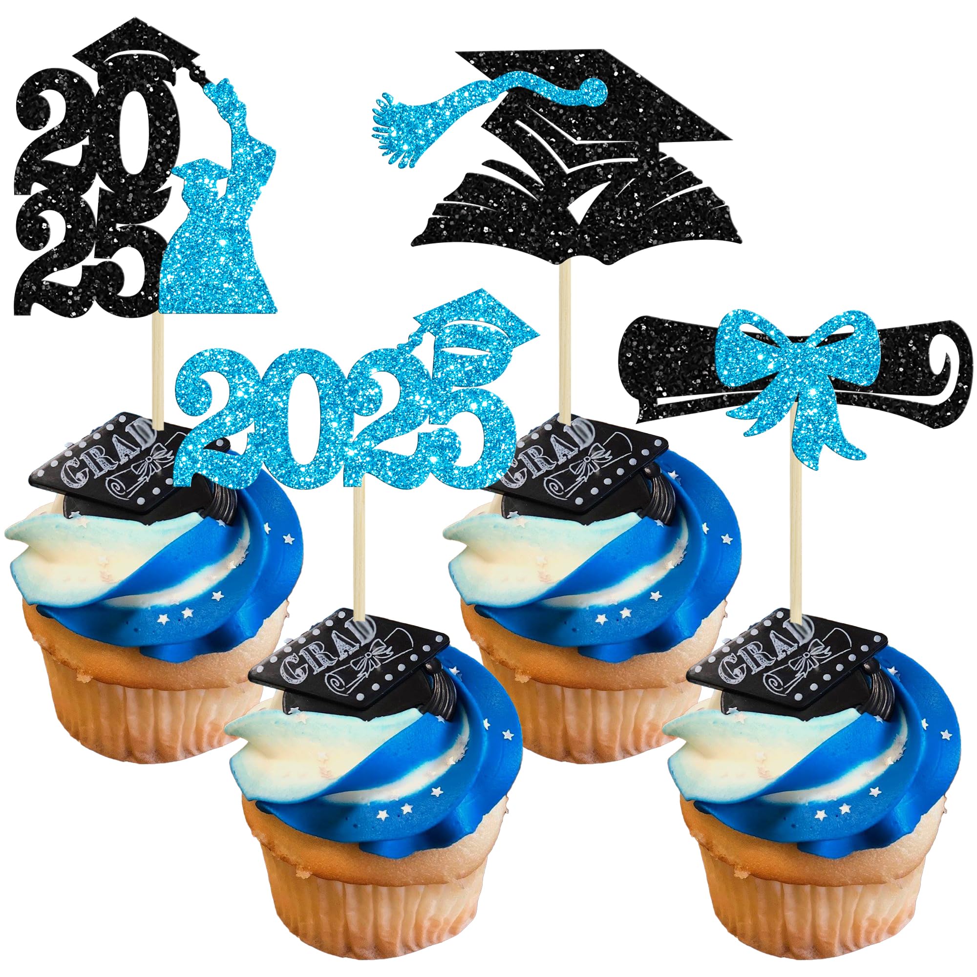 Gyufise 36Pcs 2026 Graduation Cupcake Toppers Glitter Class of 2026 Congrats Grad Diploma Graduation Cap Cupcake Picks for 2026 Graduation Theme Party Cake Decorations Supplies Lake Blue