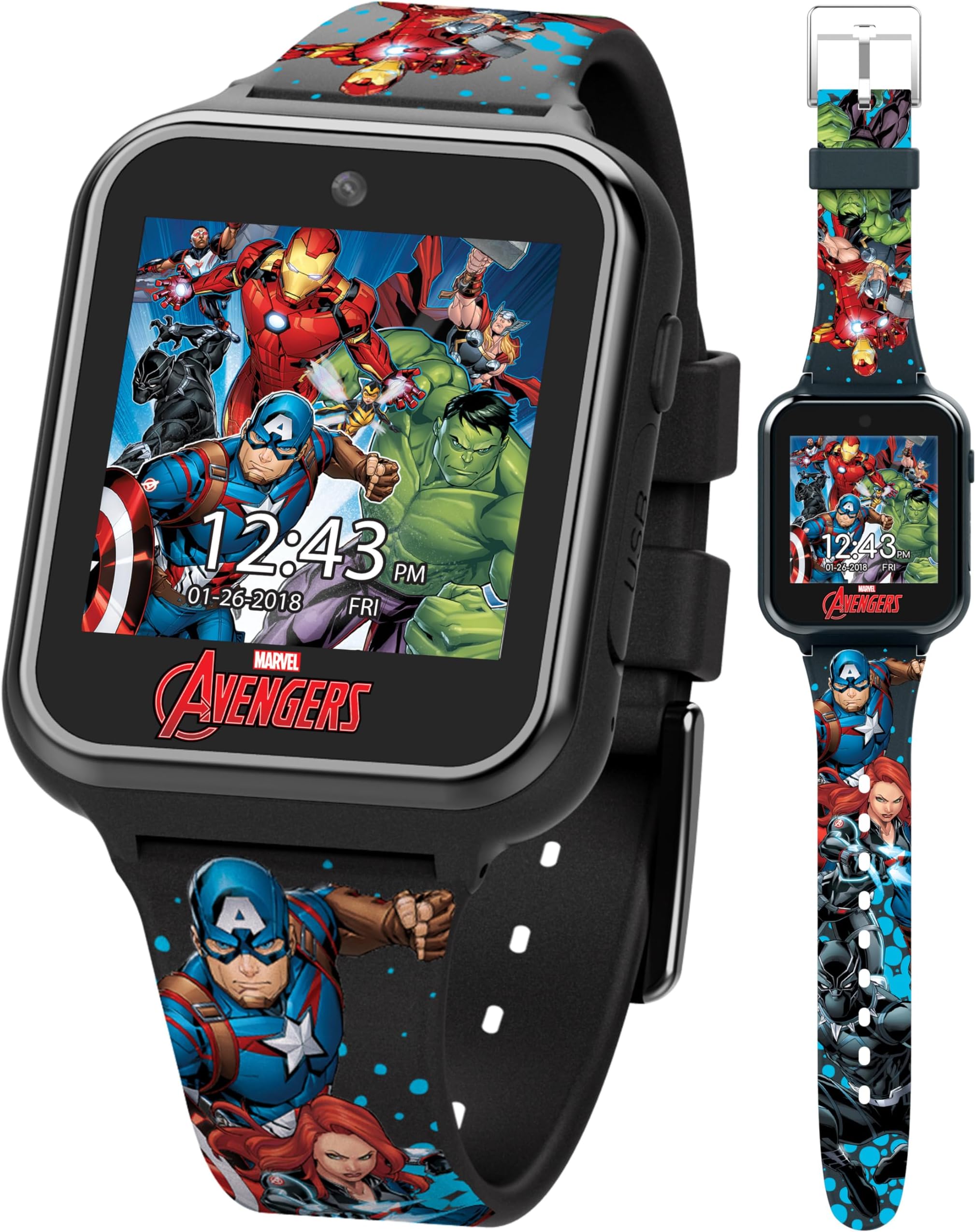 Marvel Avengers Interactive Kids Smartwatch – Touchscreen Watch with Games, Camera, Voice Recorder, Step Tracker, Timer & Alarm – 10 Watch Faces, USB Rechargeable – Fits Wrists 5.5" to 8"
