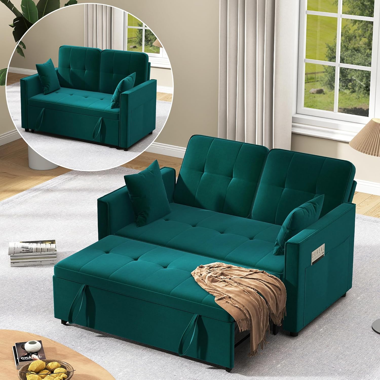 Loveseat Sleeper Sofa Bed Couch: Queen Sleeper Chair Pull Out Bed for Living Room, Green Velvet Couch Beds for Small Spaces, 3 in 1 Convertible Sofa with Armrests