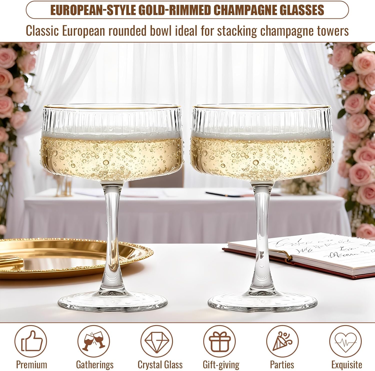 Ribbed Vintage Art Deco Coupe Glasses - Martini, Champagne & Cocktail Ribbed Glasses 8oz | Crystal Ripple Goblet Glassware Set, Gilded, 4 Pieces, Housewarming Gift