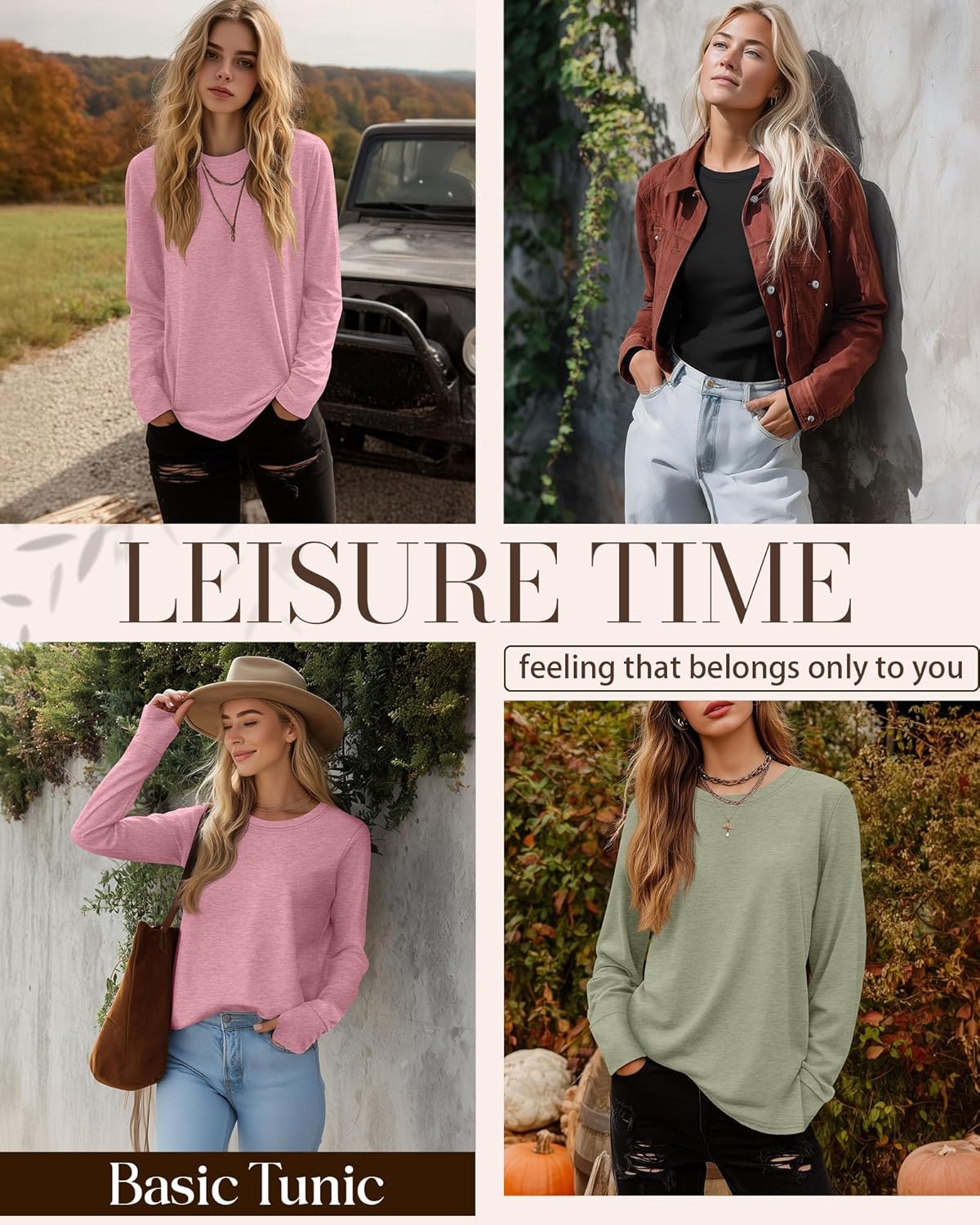 Huukeay 3 Pack Women's Long Sleeve Shirts with Thumb Holes, Cotton Casual Crew Neck Tunic Tops Fall Loose Y2k Trendy Outfits - Image 4