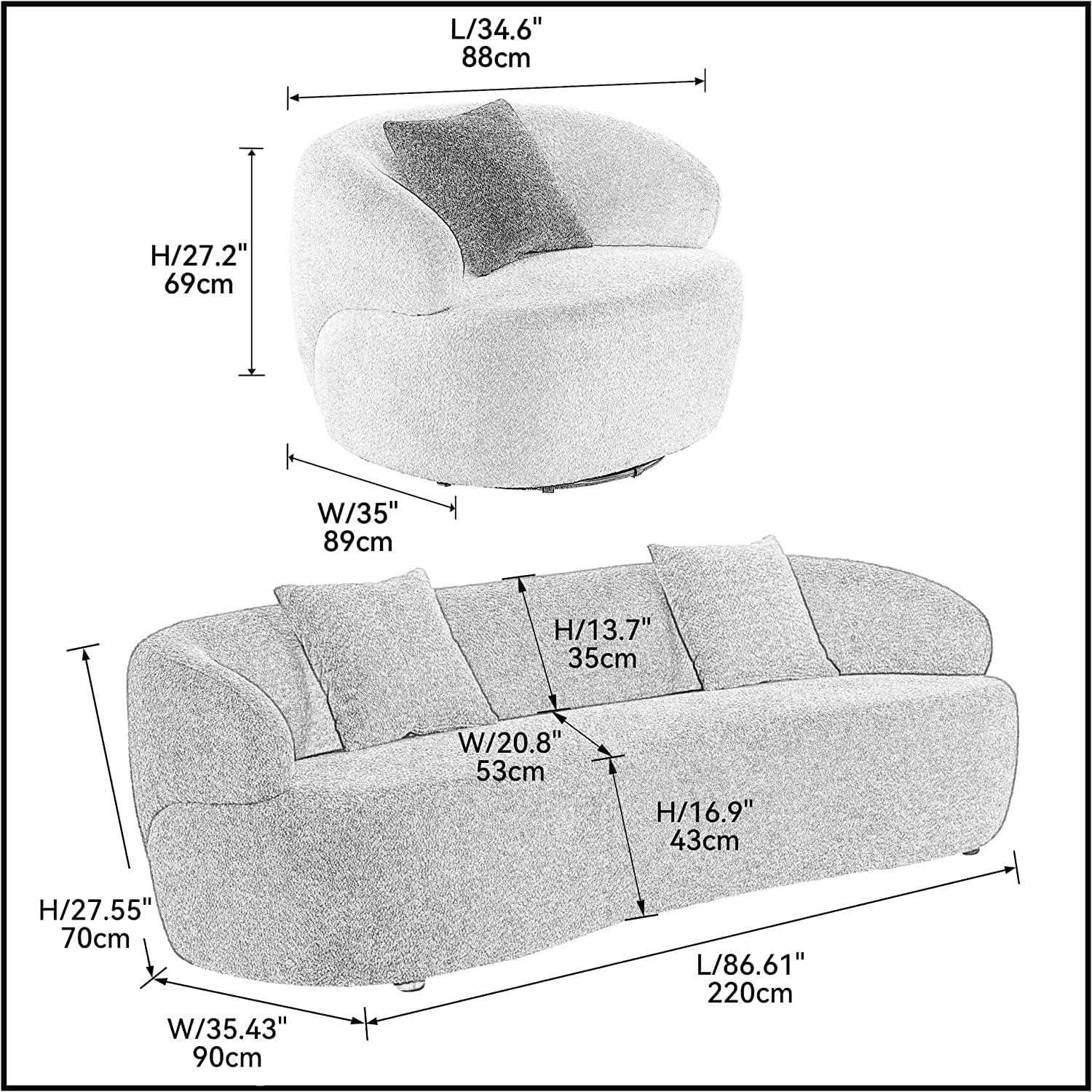 JUSTONE Modern Curved Sofa with Round Swivel Accent Sofa Chair 2-Piece Set, Back Upholstered Boucle Fabric Couch with 3 Throw Pillows for Living Room, Office, Light Blue