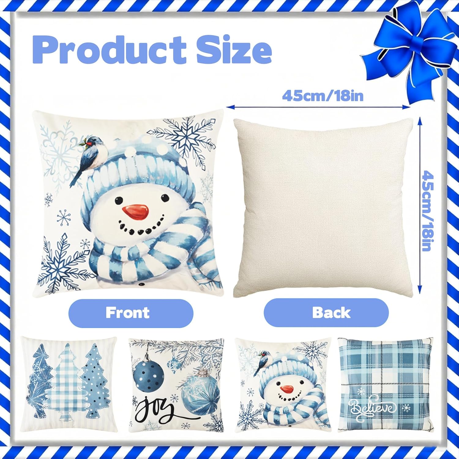Haundry Christmas Throw Pillow Covers Winter Snowman Joy Snowflake, 18 x 18 Inch Xmas Tree Winter Holiday Buffalo Plaid Cushion Case Decoration for Sofa Couch Set of 4 - Image 2