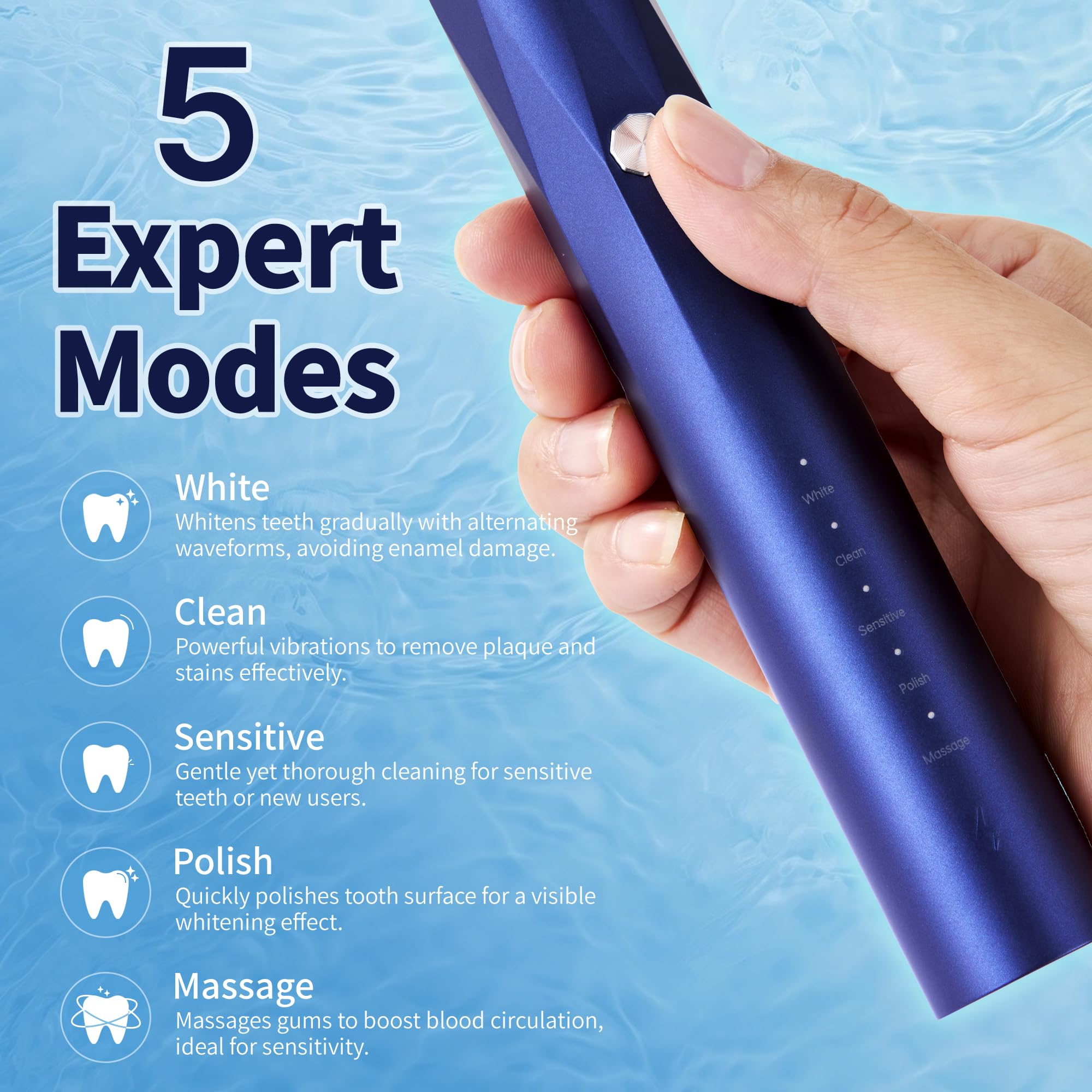 Spazzolino elettrico Sonic per adulti, 5 modalità (sbiancamento/pulito/sensibile/lucidatura/massaggio), impermeabile IPX7, durata della batteria 30 giorni, include 6 testine (blu)