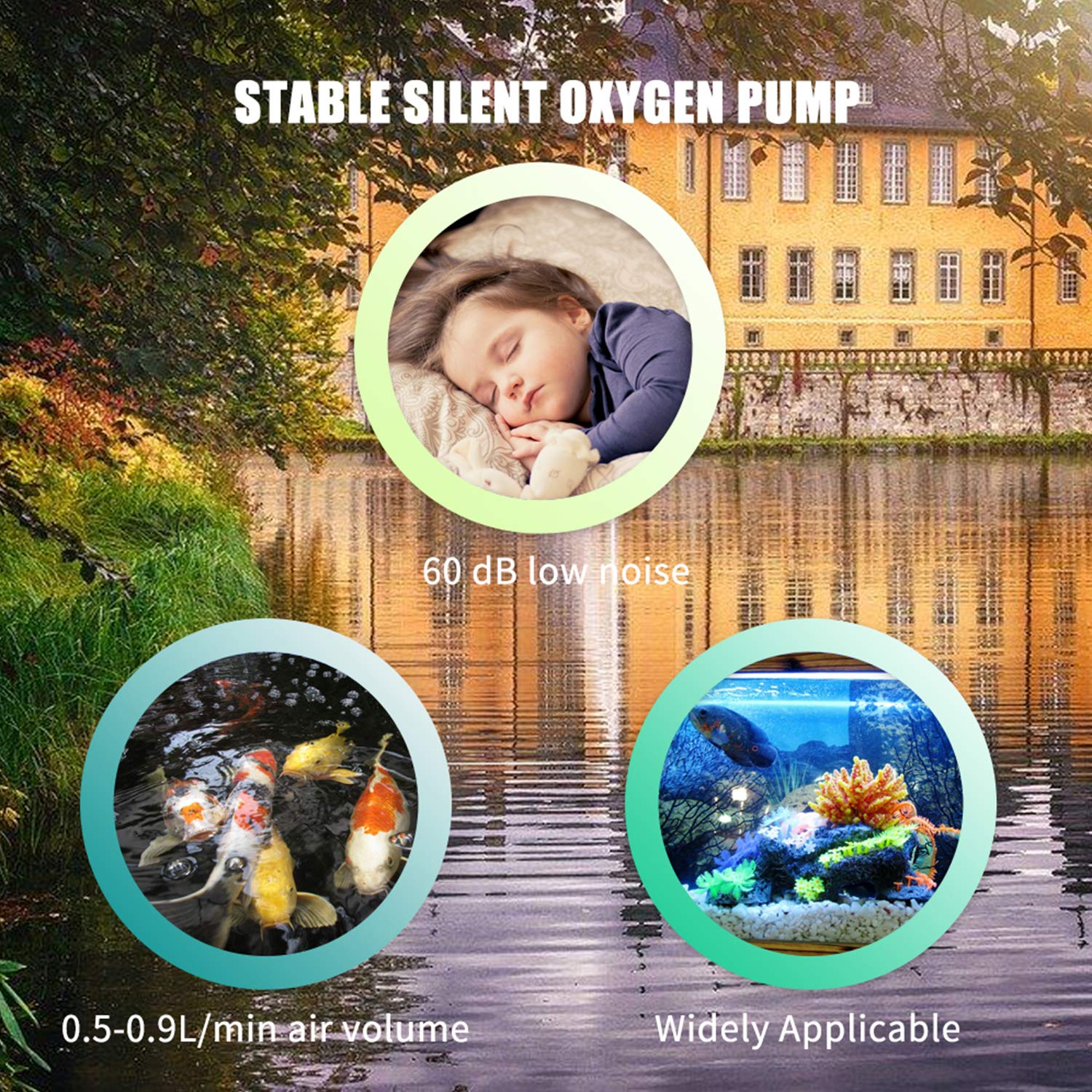 Decdeal Aérateur Solaire de Bassin 1,5W, 6V 0,5 L/Min - 0,9 L/Min, Pompe à Oxygène Solaire Enfichable 3600 mAh, Aérateur d'Aquarium, Silencieuse, avec Tuyau Pierre à Air, pour Etangs/Jardin
