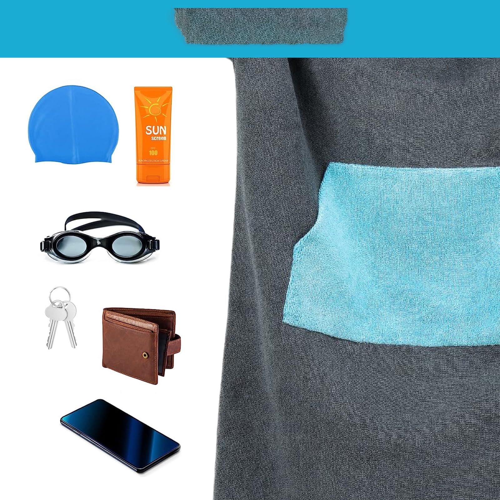 Poncho con cappuccio, asciugamano da spiaggia, poncho per cambio surf, poncho con cappuccio, in microfibra, unisex, con grande tasca, poncho per cambio surf (grigio)