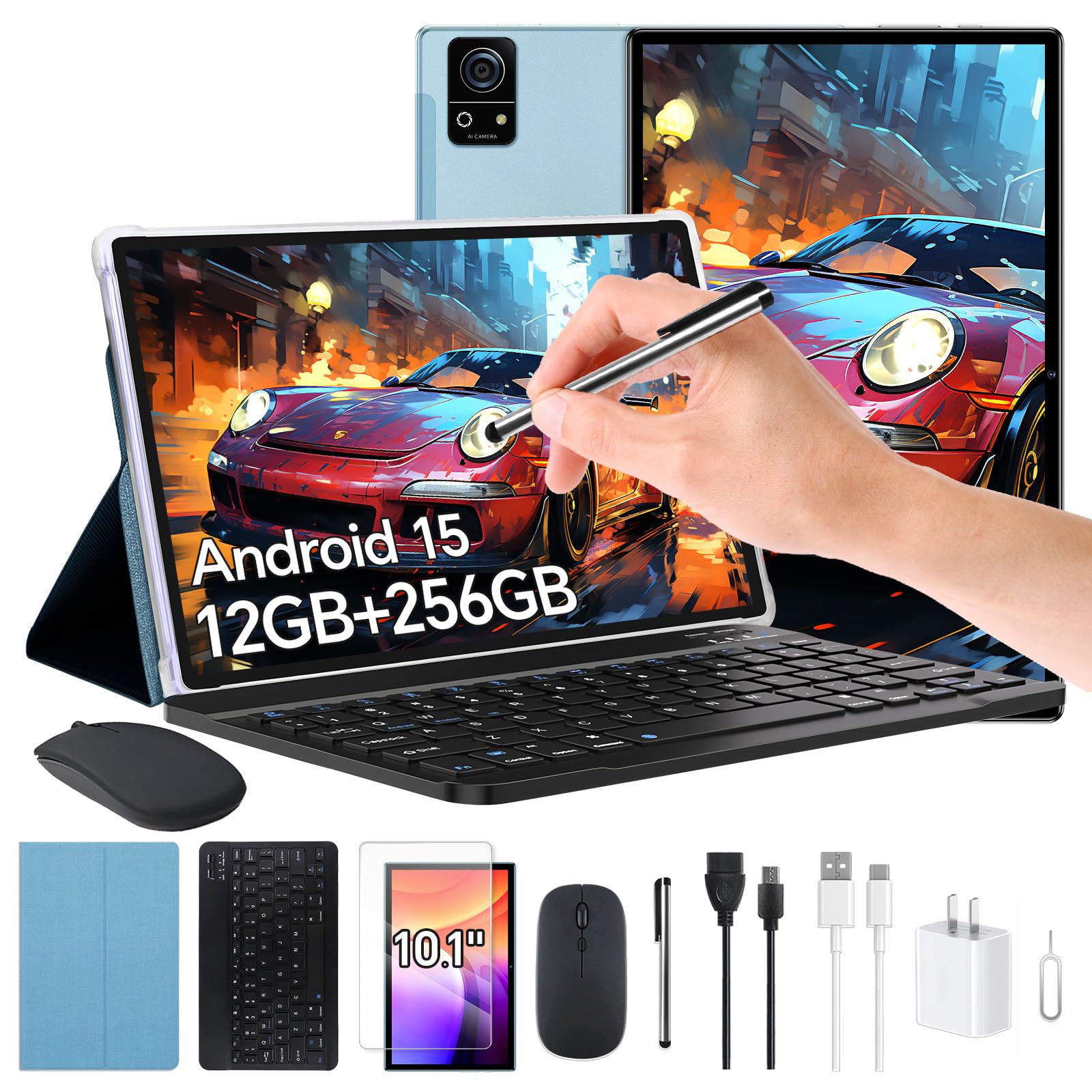 Modelo WiFi de tabletas Android 15 M7 de 10 ", batería grande de 8000 mA, 12 GB + 256 GB + 1 TB expandible, CPU de 8 núcleos A523, cámara de 5MP + 13MP, GPS + 5Gwifi + IPS + FaceID, incluido teclado / mouse / lápiz óptico / estuche / película protectora (azul)