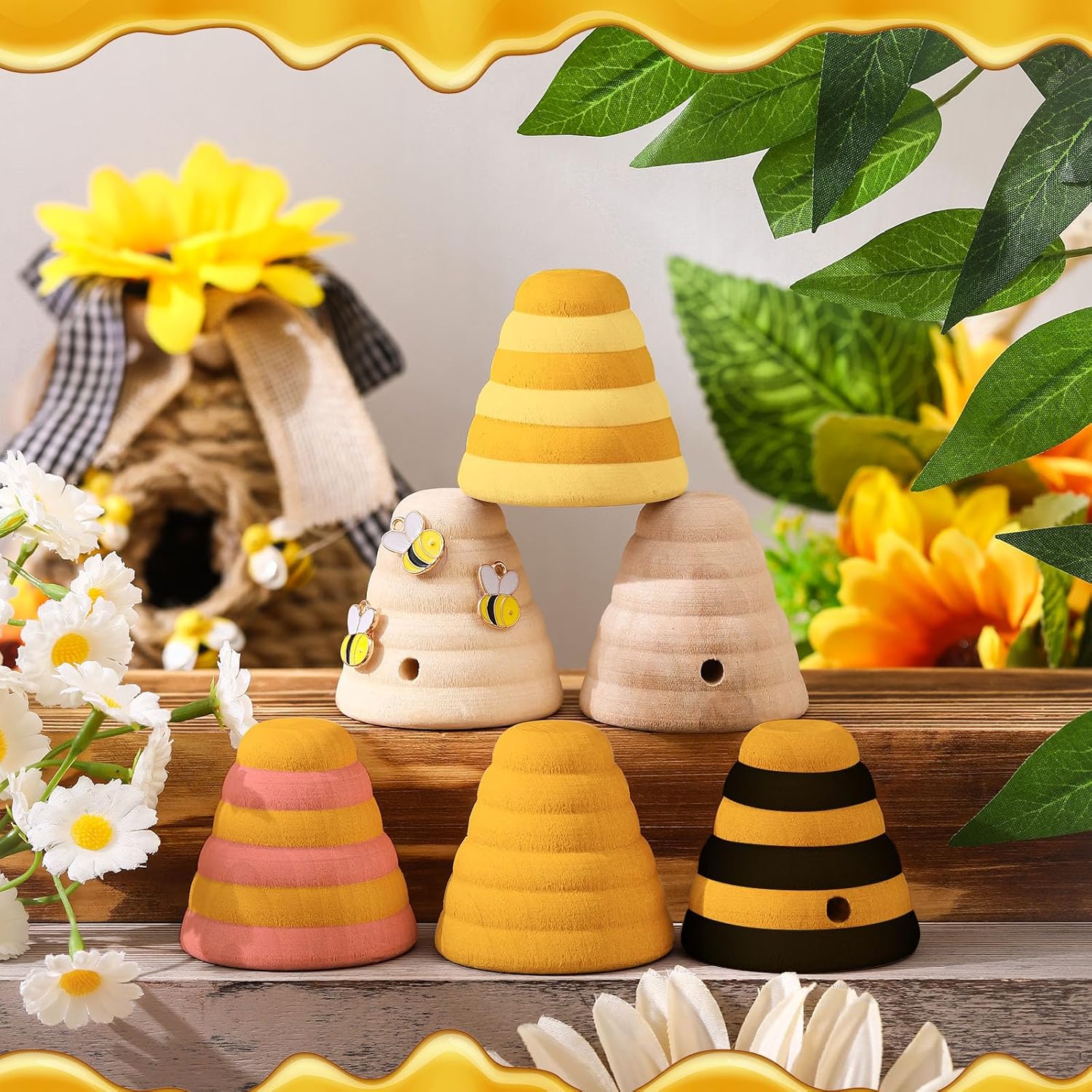 GlikCeil 15 Pcs Wood Bee Hive Decor Unfinished Wood Threaded Honeycomb Farmhouse Tiered Tray Decor Mini Beehive Model Bee Garden Decors for DIY Table Shelf Sitter Party Craft, 1.8 x 1.9 Inch (Classic)